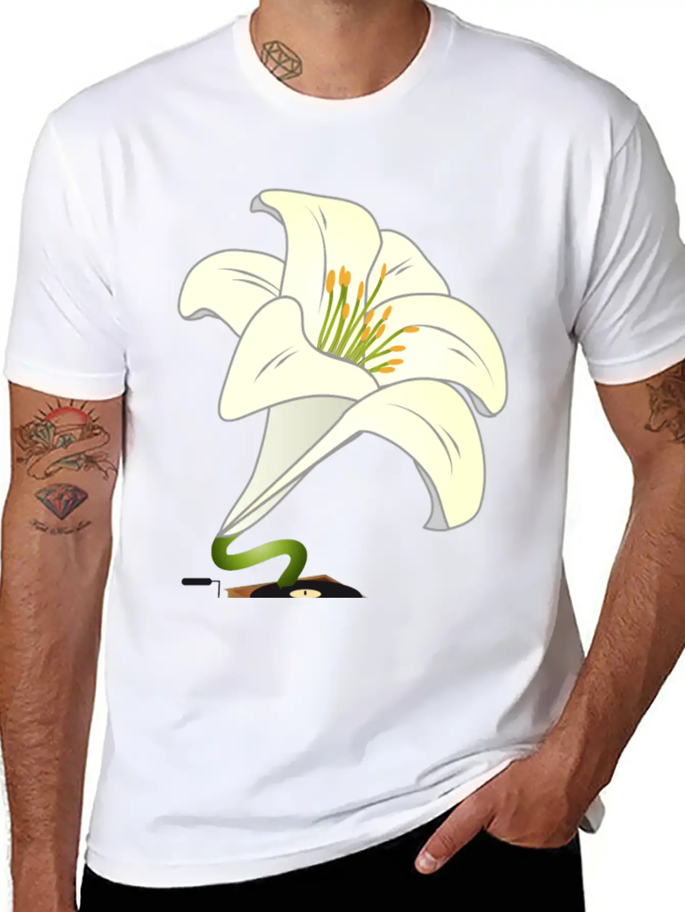 Nostalgic Lilies Flowers Blossoms Gramophone Modern Fit Casual T-Shirt – Clean And Versatile Design