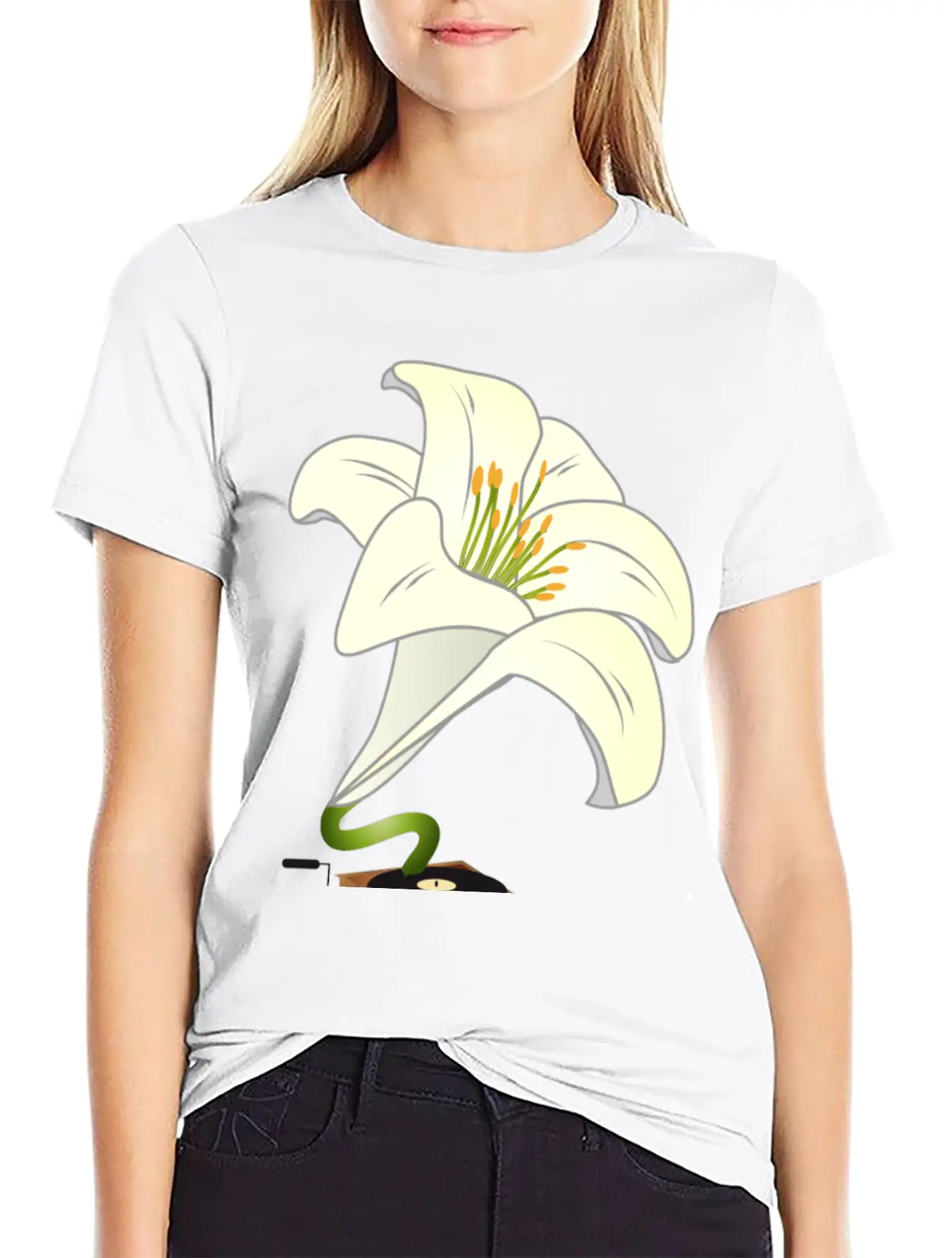 Nostalgic Lilies Flowers Blossoms Gramophone Modern Fit Casual T-Shirt – Clean And Versatile Design