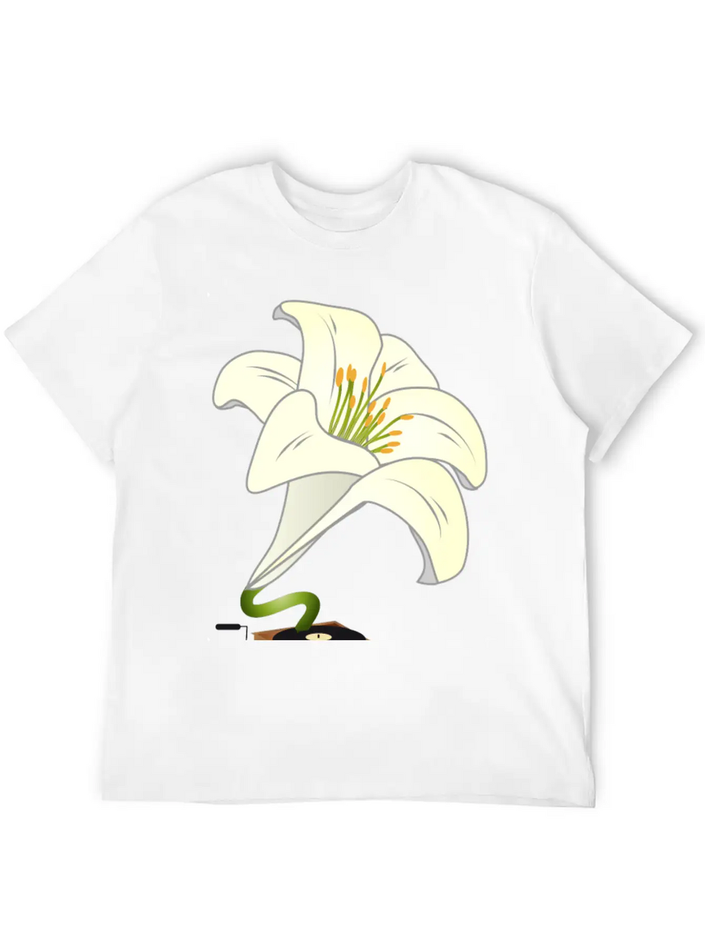 Nostalgic Lilies Flowers Blossoms Gramophone Modern Fit Casual T-Shirt – Clean And Versatile Design
