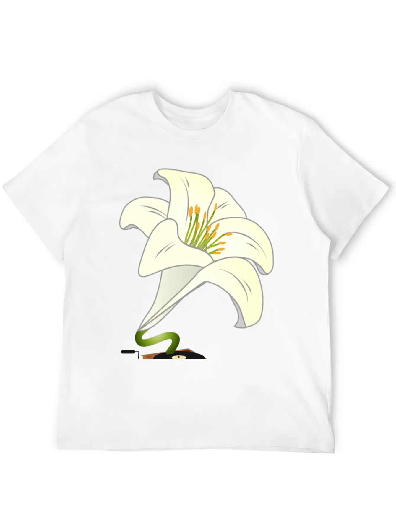 Nostalgic Lilies Flowers Blossoms Gramophone Modern Fit Casual T-Shirt – Clean And Versatile Design