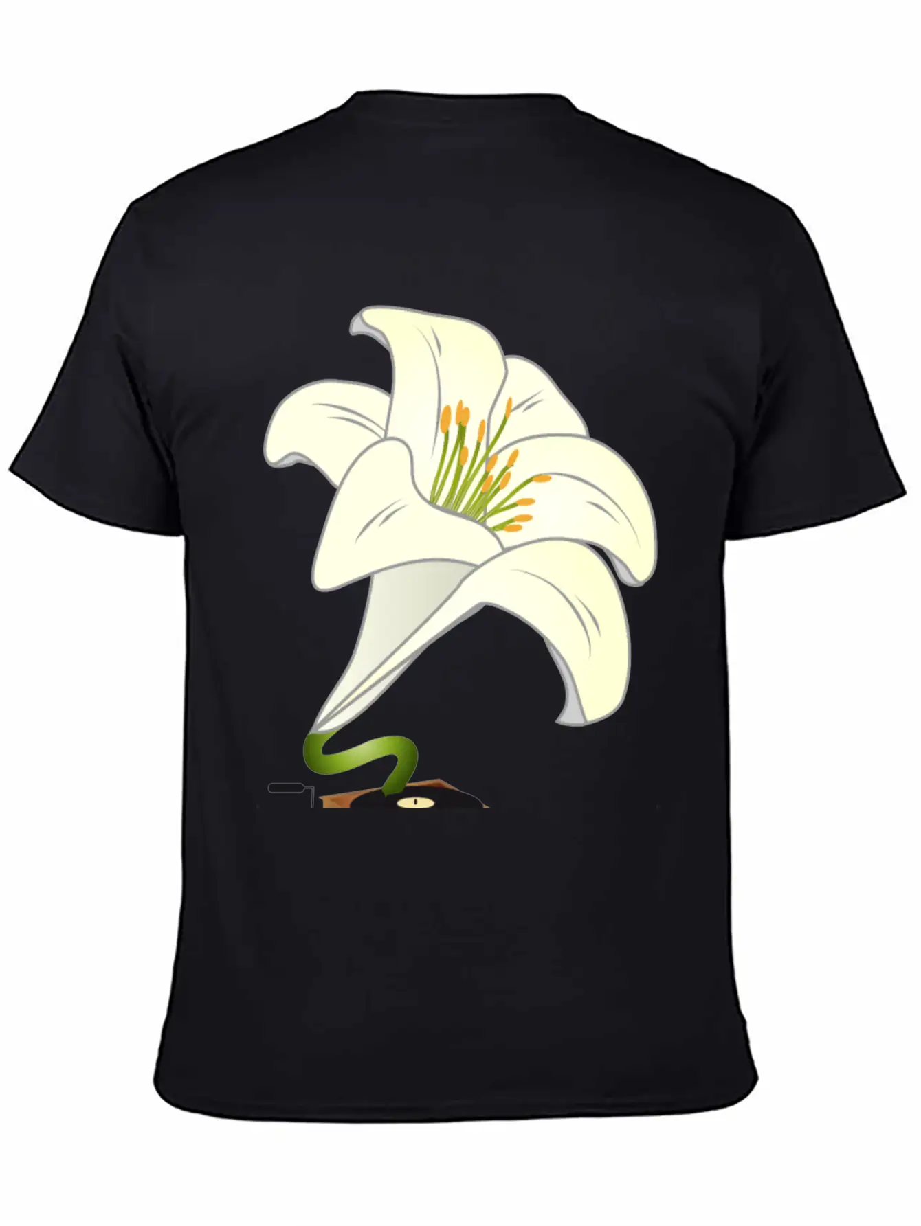 Nostalgic Lilies Flowers Blossoms Gramophone Modern Fit Casual T-Shirt – Clean And Versatile Design