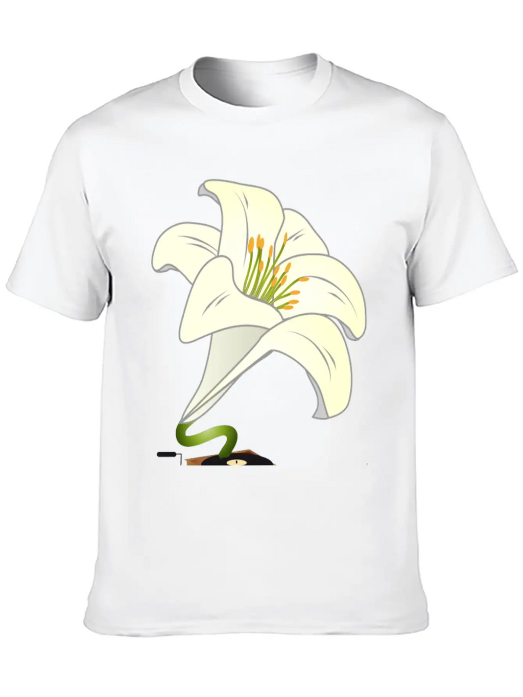 Nostalgic Lilies Flowers Blossoms Gramophone Modern Fit Casual T-Shirt – Clean And Versatile Design