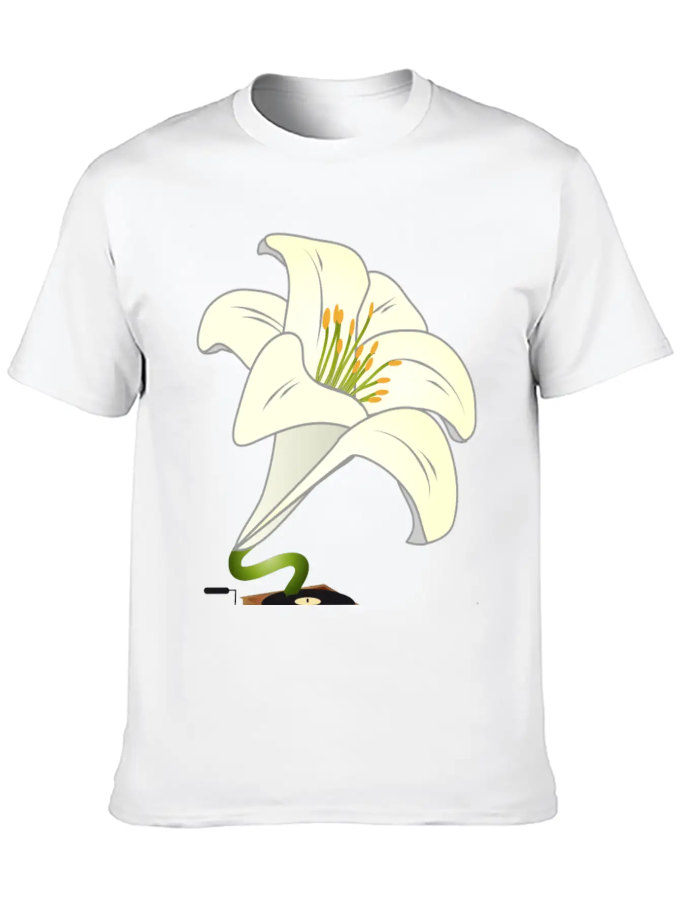 Nostalgic Lilies Flowers Blossoms Gramophone Modern Fit Casual T-Shirt – Clean And Versatile Design