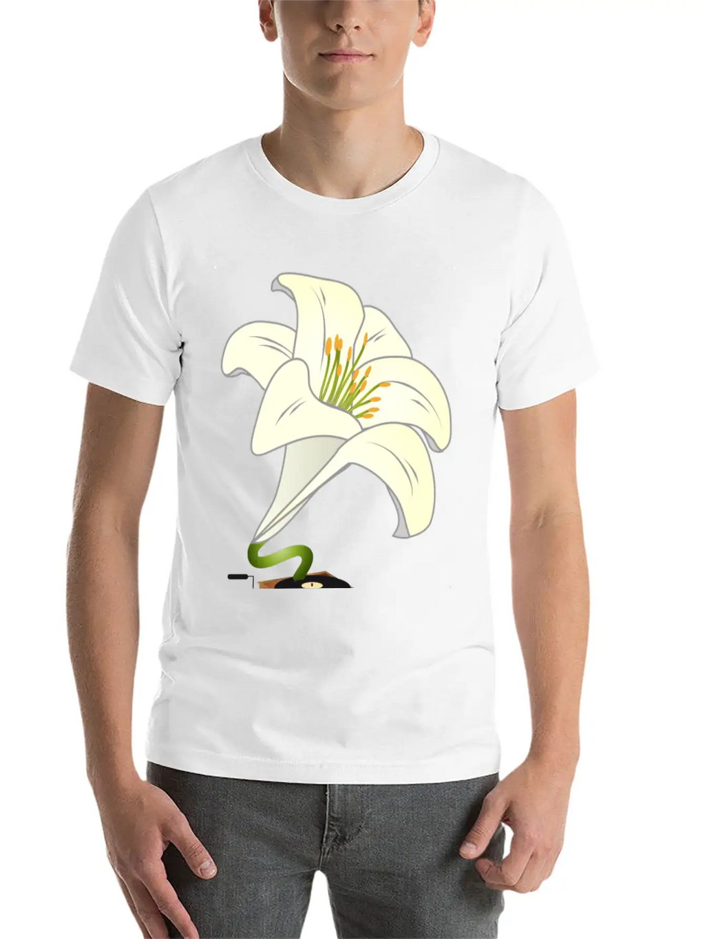 Nostalgic Lilies Flowers Blossoms Gramophone Modern Fit Casual T-Shirt – Clean And Versatile Design