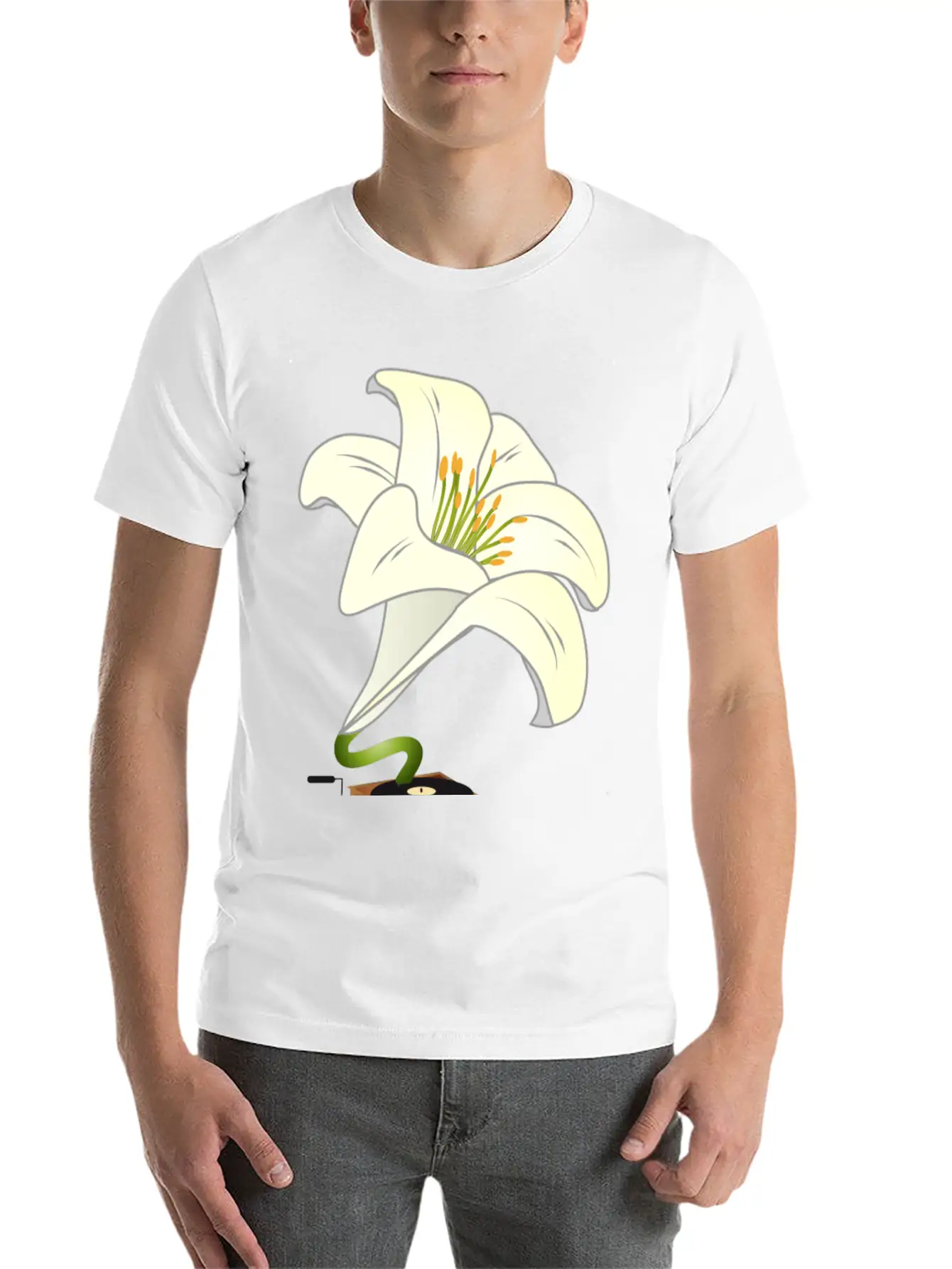 Nostalgic Lilies Flowers Blossoms Gramophone Modern Fit Casual T-Shirt – Clean And Versatile Design