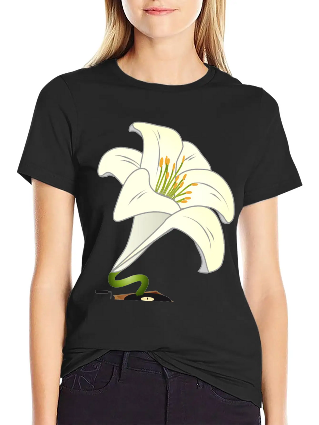 Nostalgic Lilies Flowers Blossoms Gramophone Modern Fit Casual T-Shirt – Clean And Versatile Design