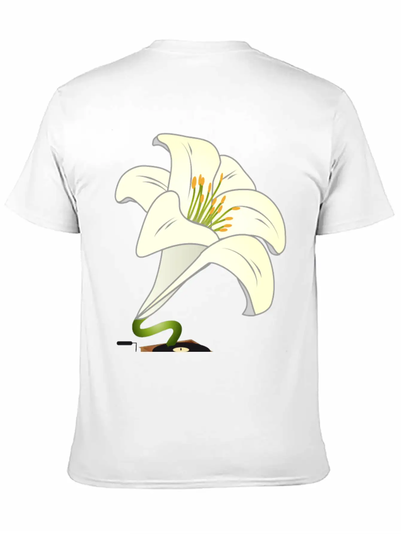 Nostalgic Lilies Flowers Blossoms Gramophone Modern Fit Casual T-Shirt – Clean And Versatile Design