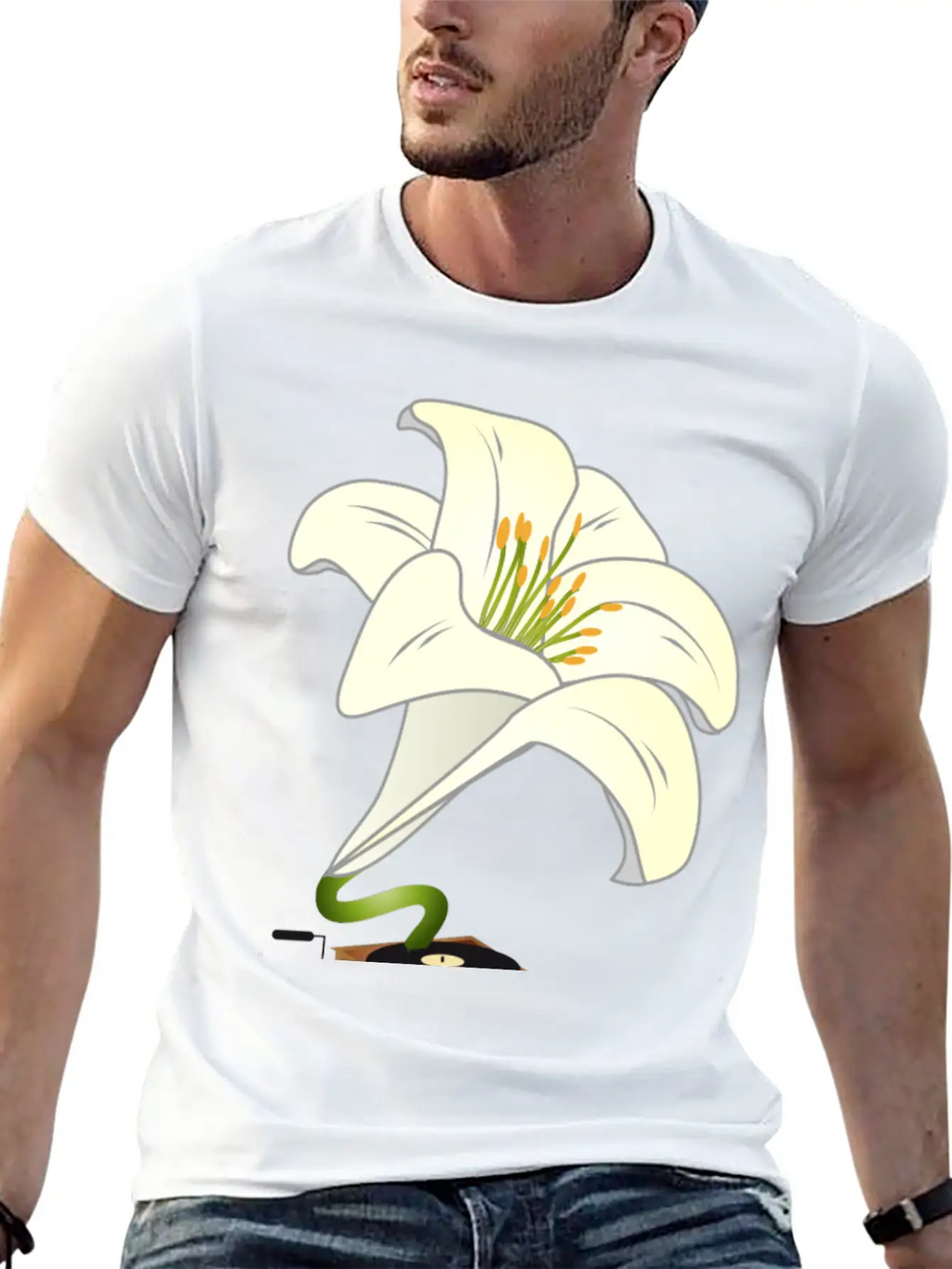 Nostalgic Lilies Flowers Blossoms Gramophone Modern Fit Casual T-Shirt – Clean And Versatile Design