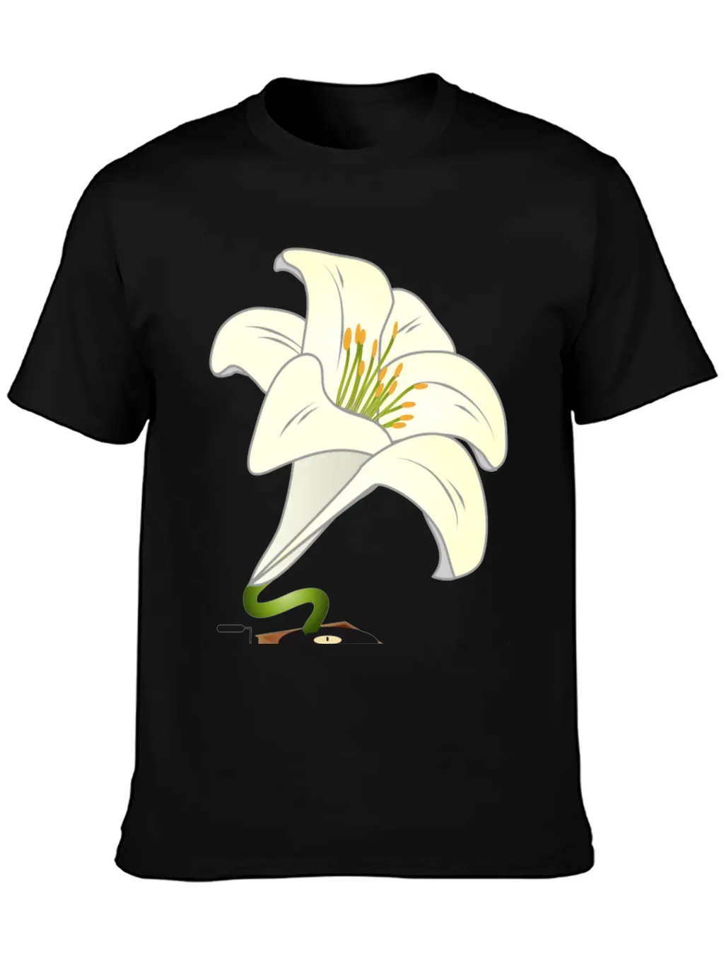 Nostalgic Lilies Flowers Blossoms Gramophone Modern Fit Casual T-Shirt – Clean And Versatile Design
