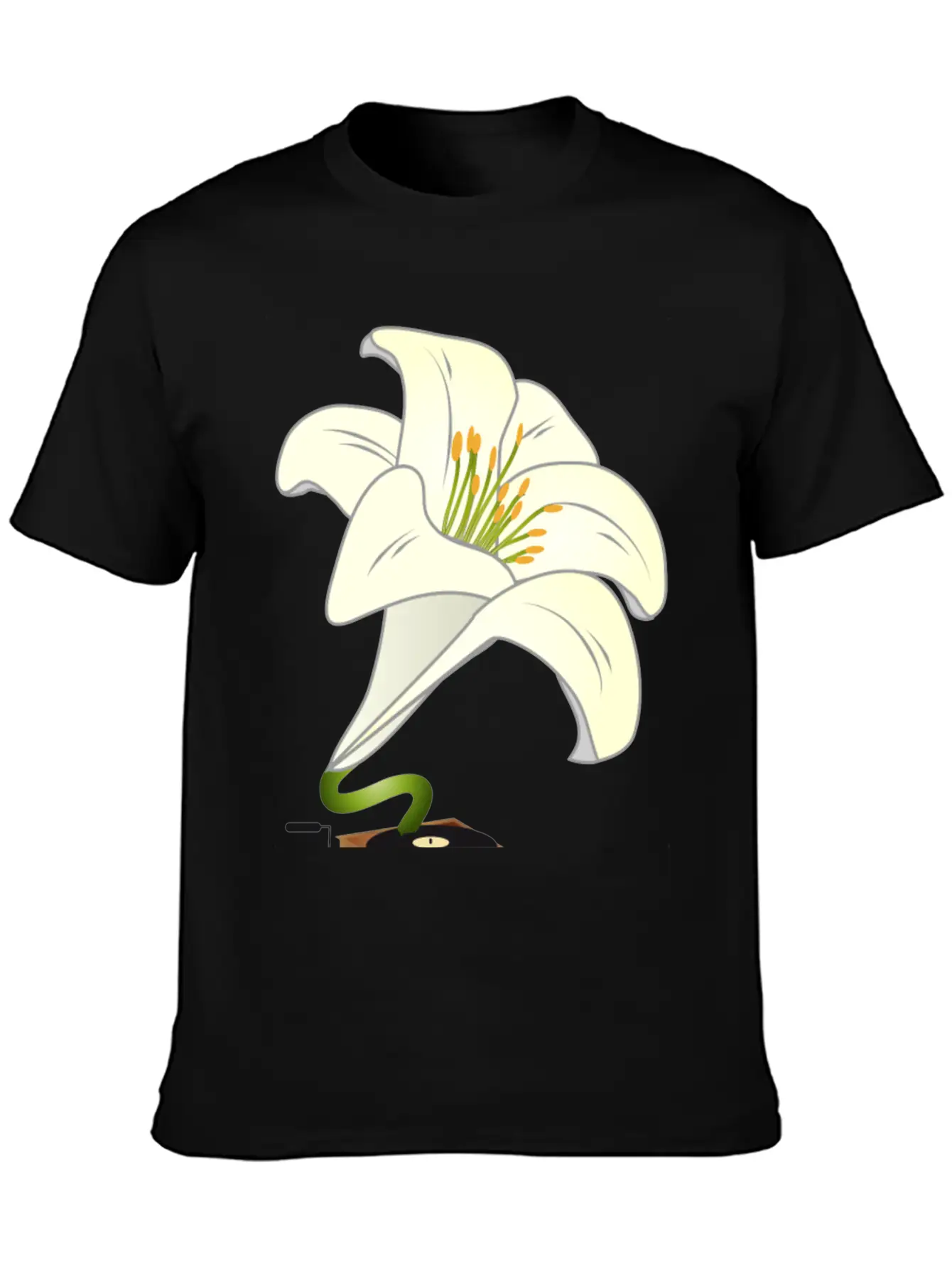 Nostalgic Lilies Flowers Blossoms Gramophone Modern Fit Casual T-Shirt – Clean And Versatile Design