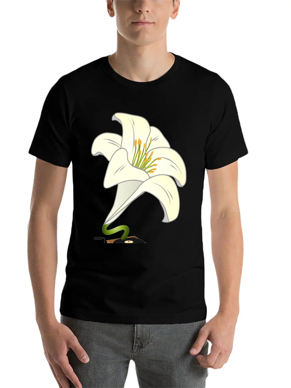 Nostalgic Lilies Flowers Blossoms Gramophone Modern Fit Casual T-Shirt – Clean And Versatile Design