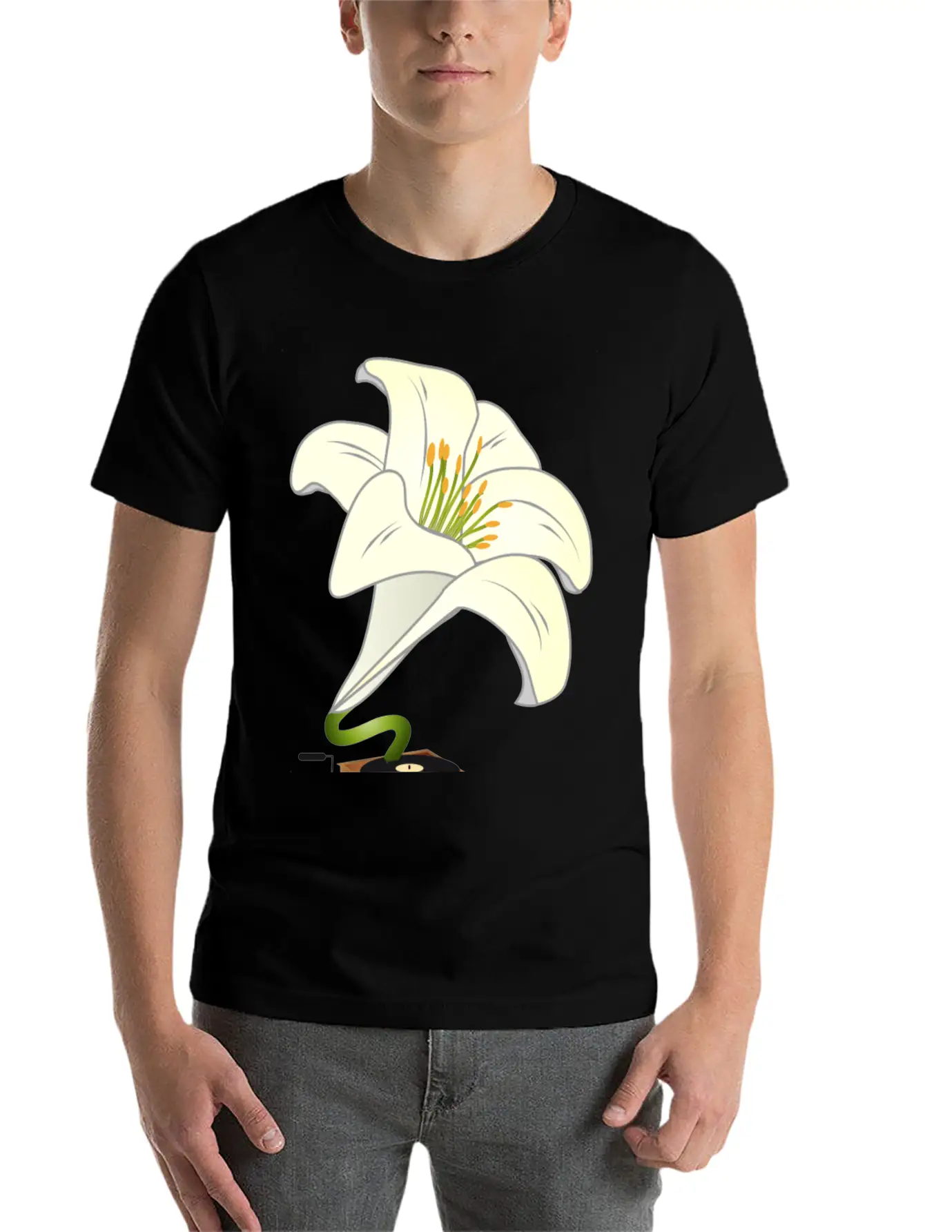 Nostalgic Lilies Flowers Blossoms Gramophone Modern Fit Casual T-Shirt – Clean And Versatile Design