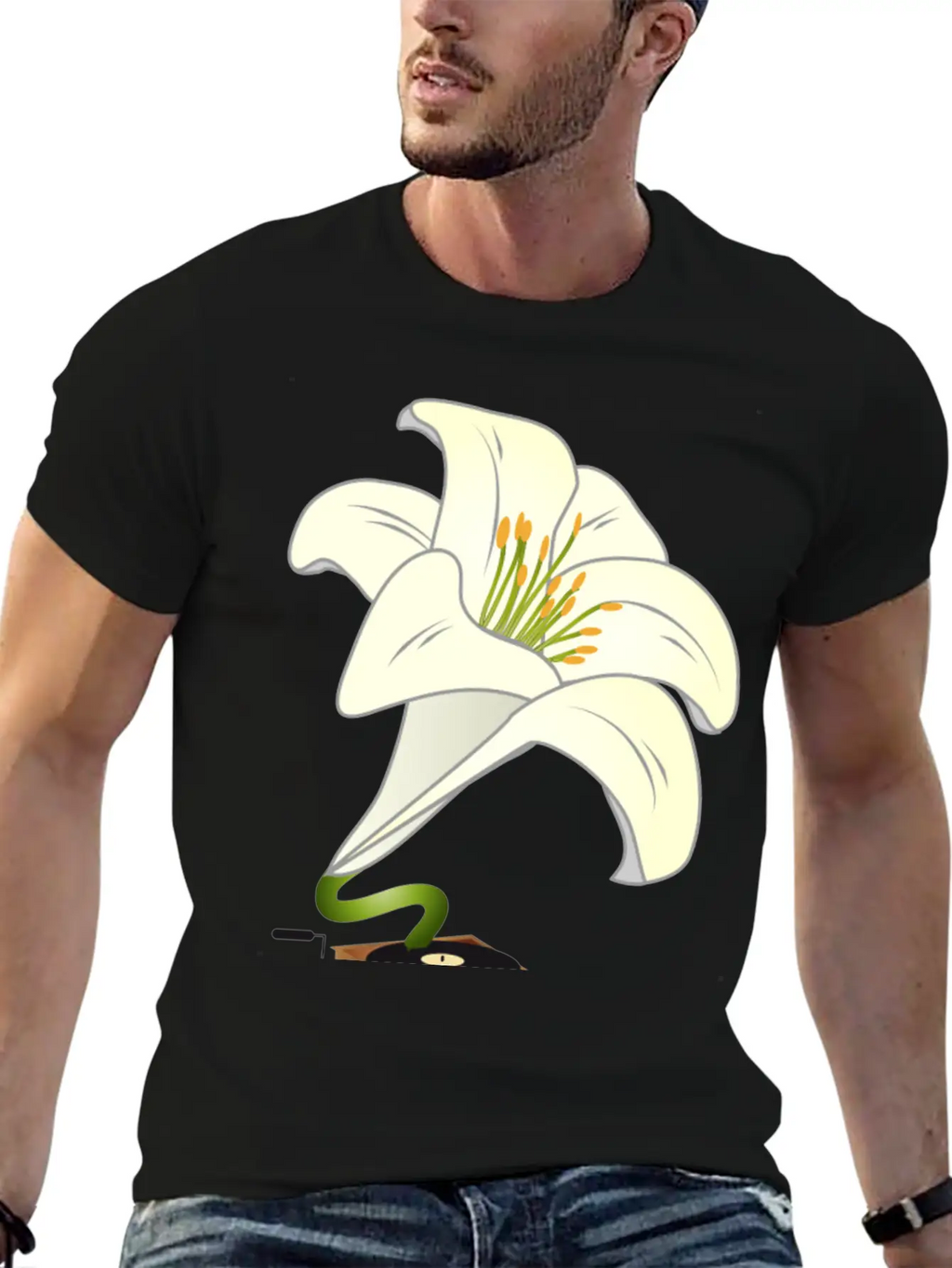 Nostalgic Lilies Flowers Blossoms Gramophone Modern Fit Casual T-Shirt – Clean And Versatile Design