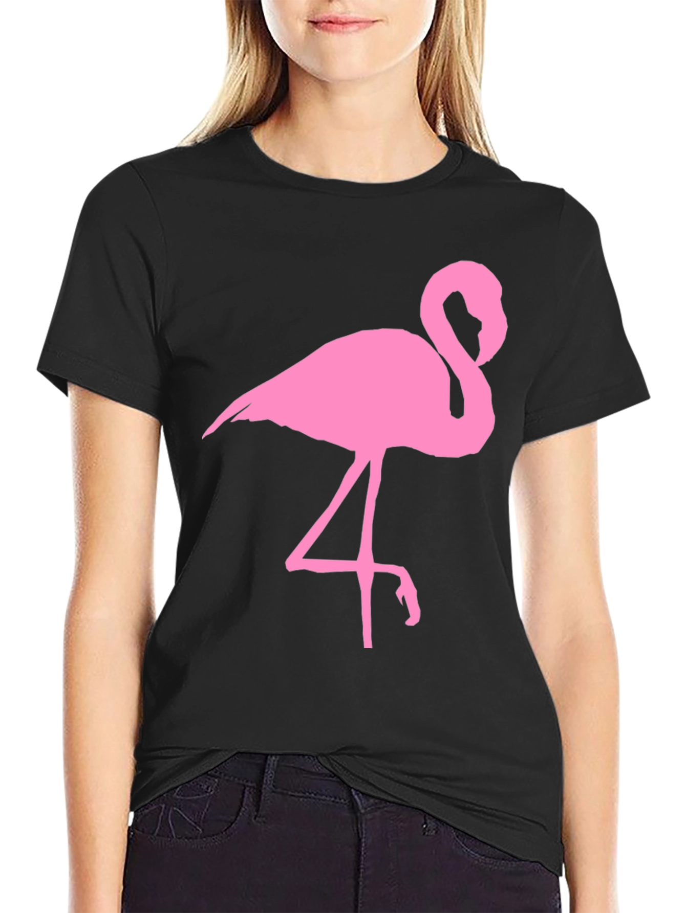 Pink Flamingo Graphic Tee - Black Cotton T-Shirt