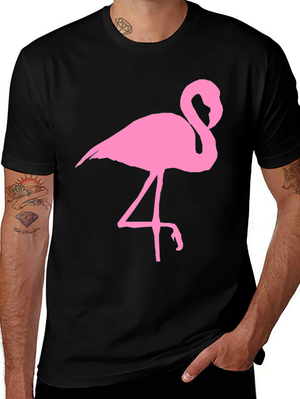 Pink Flamingo Graphic Tee - Black Cotton T-Shirt