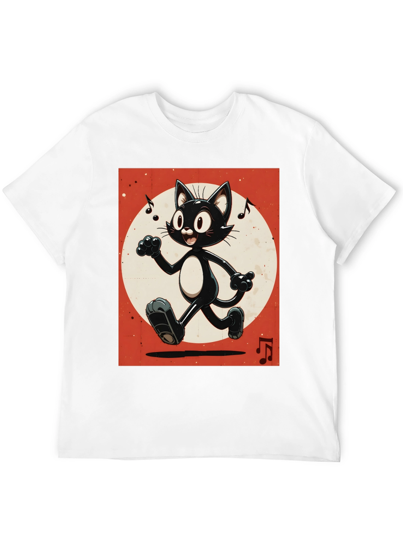 Retro Cartoon Cat T-Shirt - Black Music Notes Design
