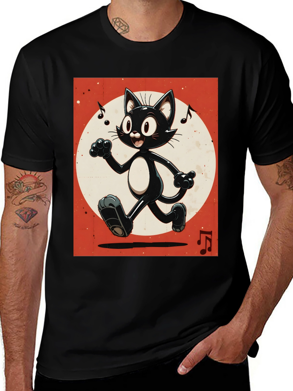 Retro Cartoon Cat T-Shirt - Black Music Notes Design