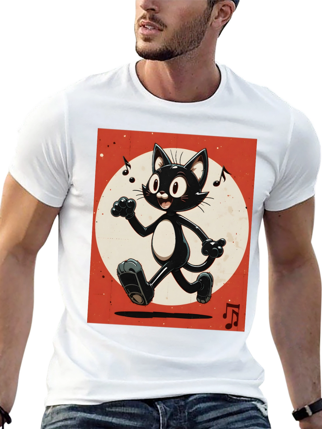 Retro Cartoon Cat T-Shirt - Black Music Notes Design