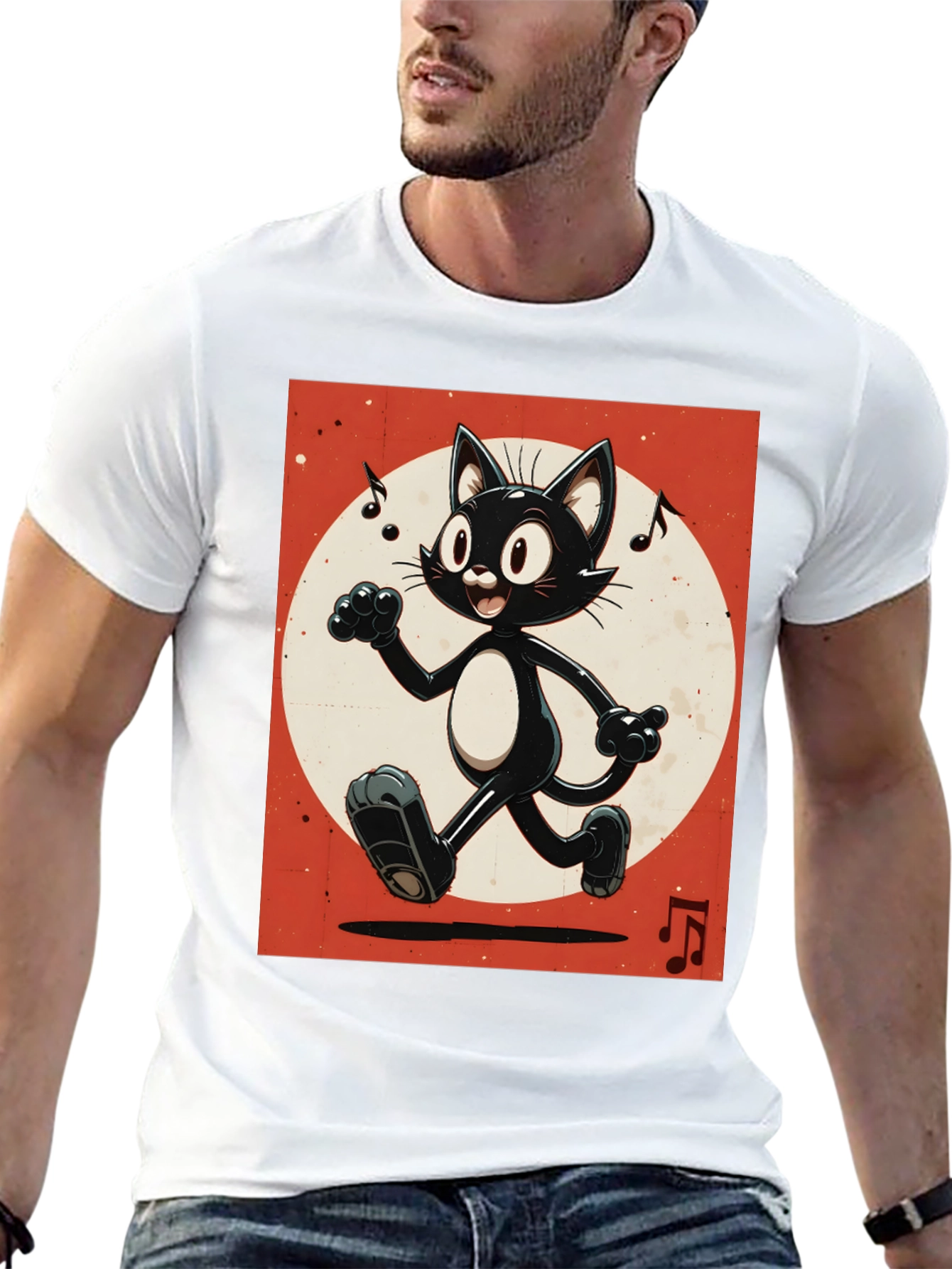 Retro Cartoon Cat T-Shirt - Black Music Notes Design