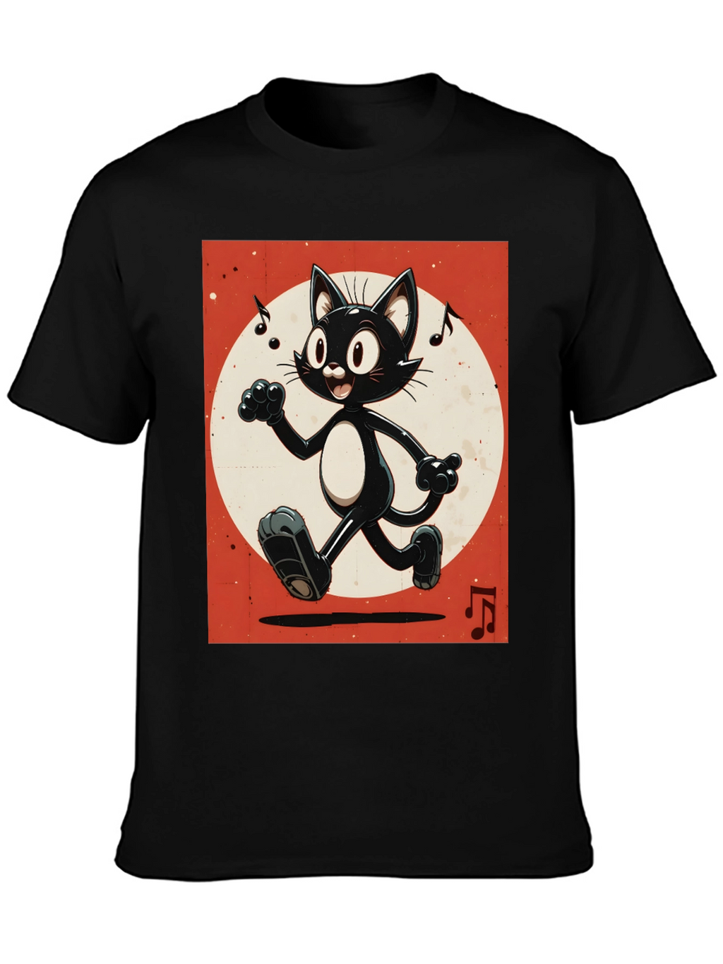 Retro Cartoon Cat T-Shirt - Black Music Notes Design