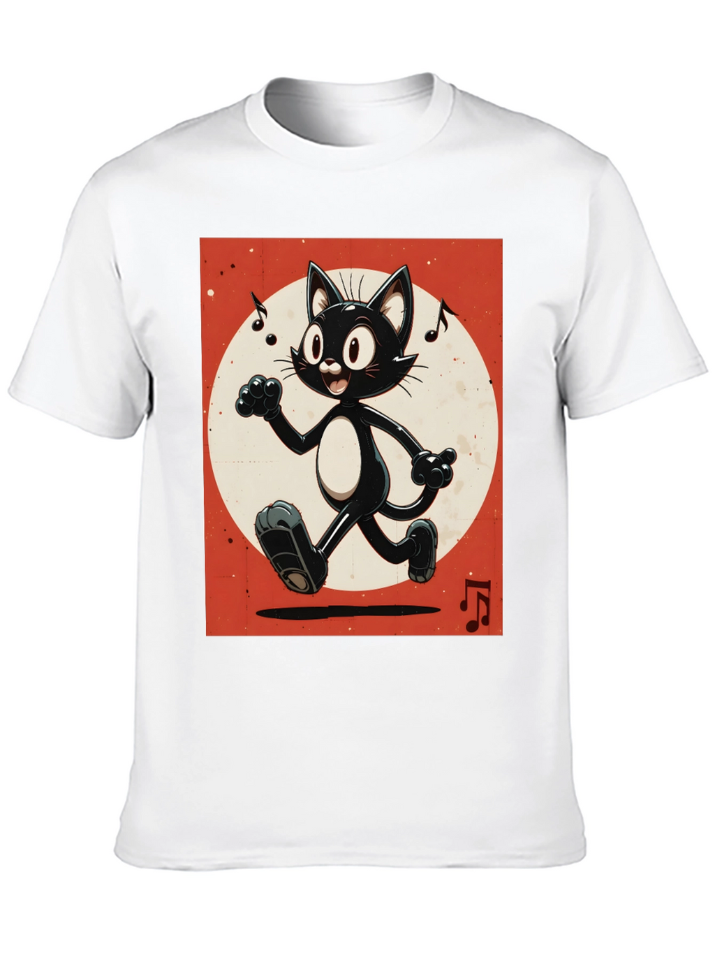 Retro Cartoon Cat T-Shirt - Black Music Notes Design
