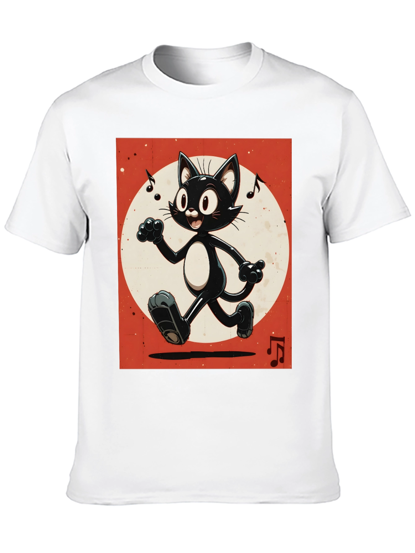 Retro Cartoon Cat T-Shirt - Black Music Notes Design