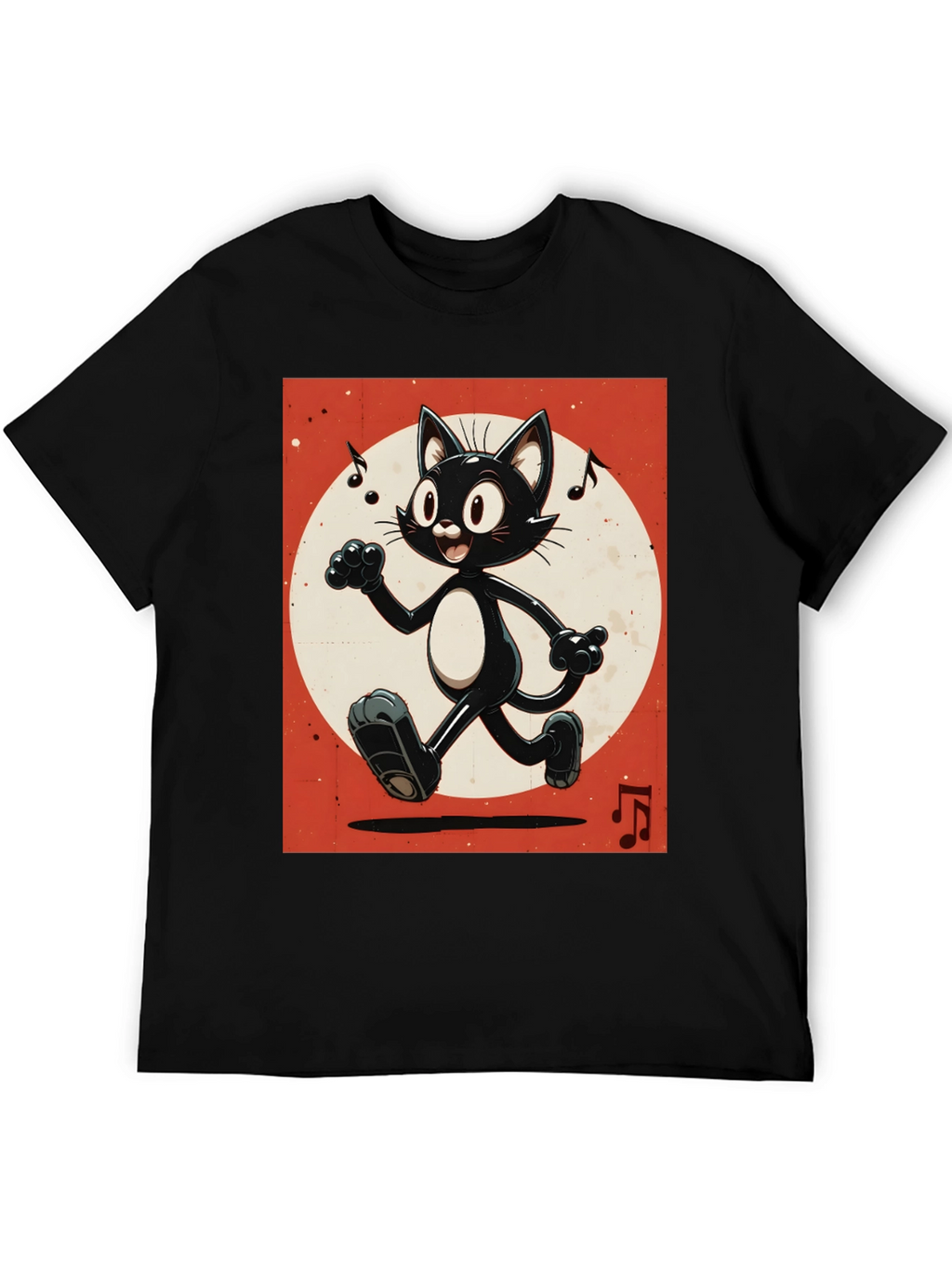 Retro Cartoon Cat T-Shirt - Black Music Notes Design