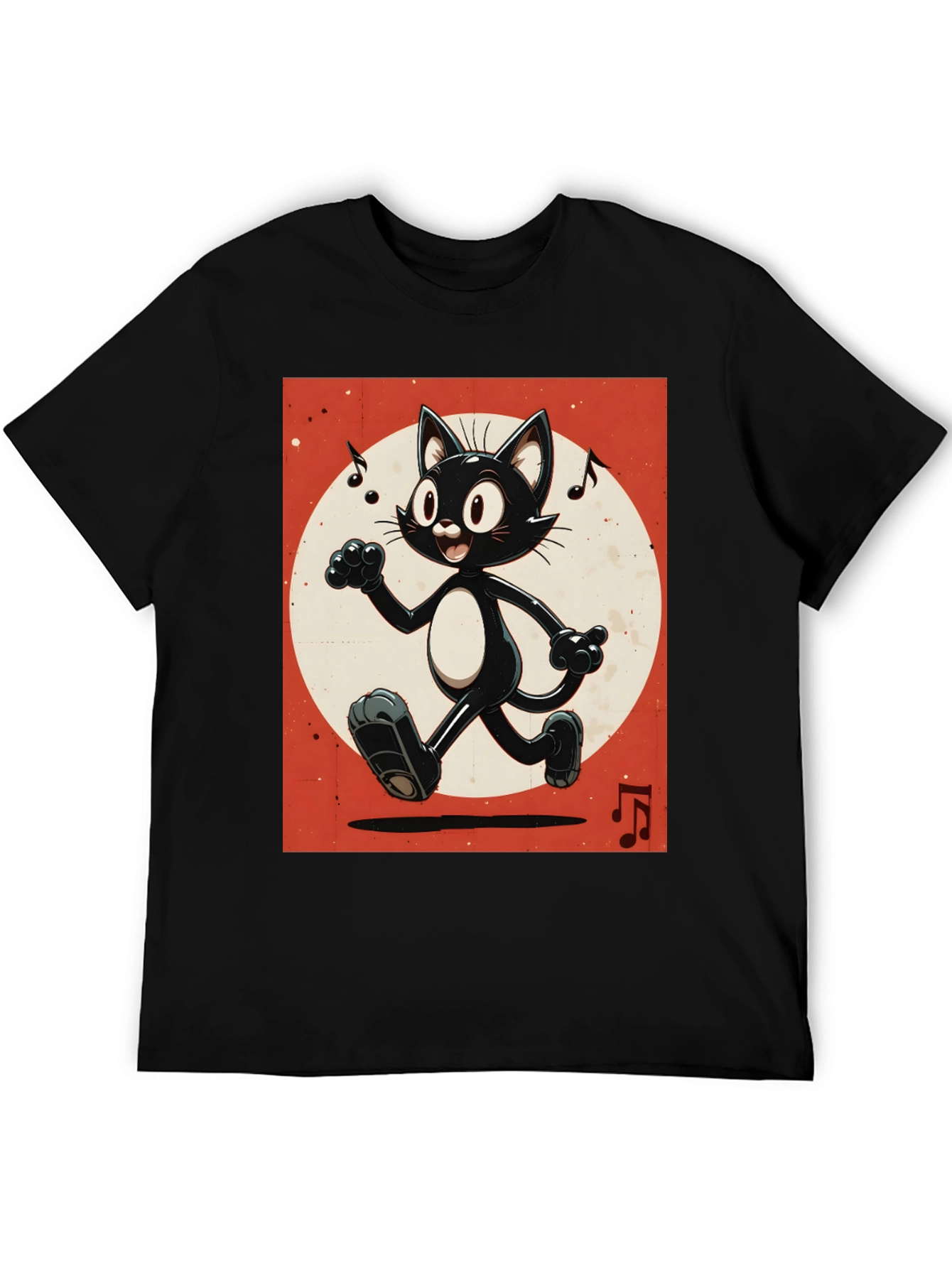 Retro Cartoon Cat T-Shirt - Black Music Notes Design
