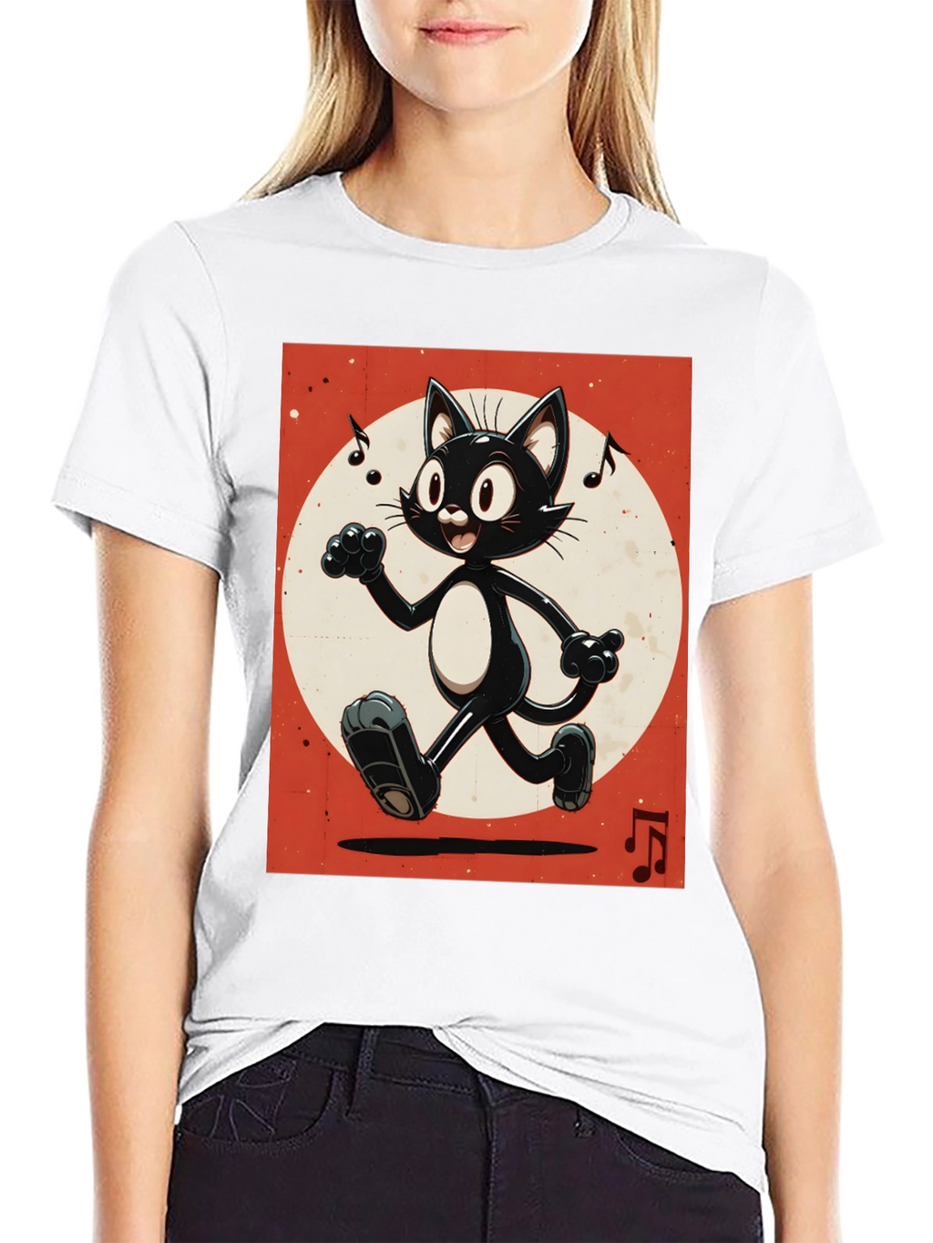 Retro Cartoon Cat T-Shirt - Black Music Notes Design
