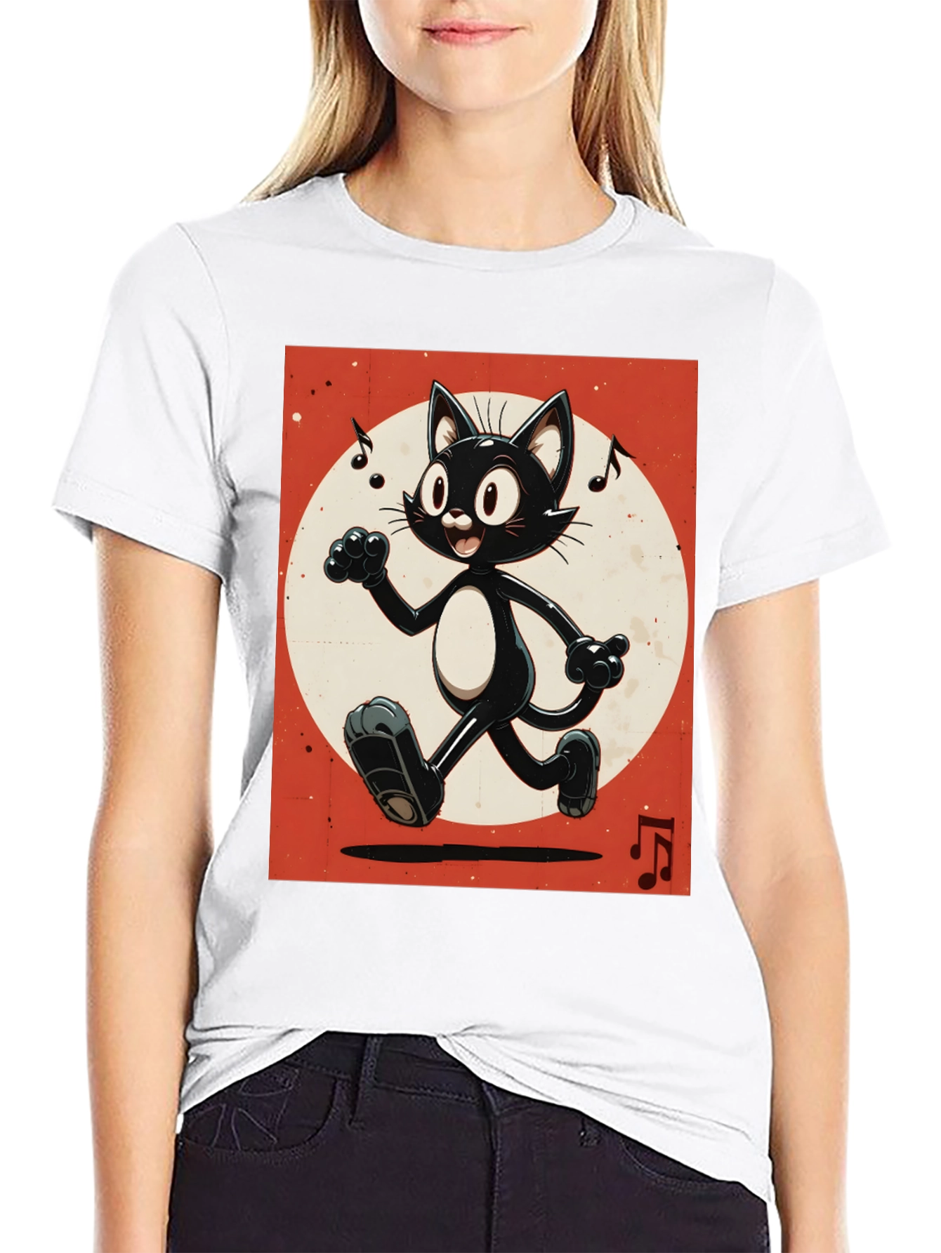 Retro Cartoon Cat T-Shirt - Black Music Notes Design