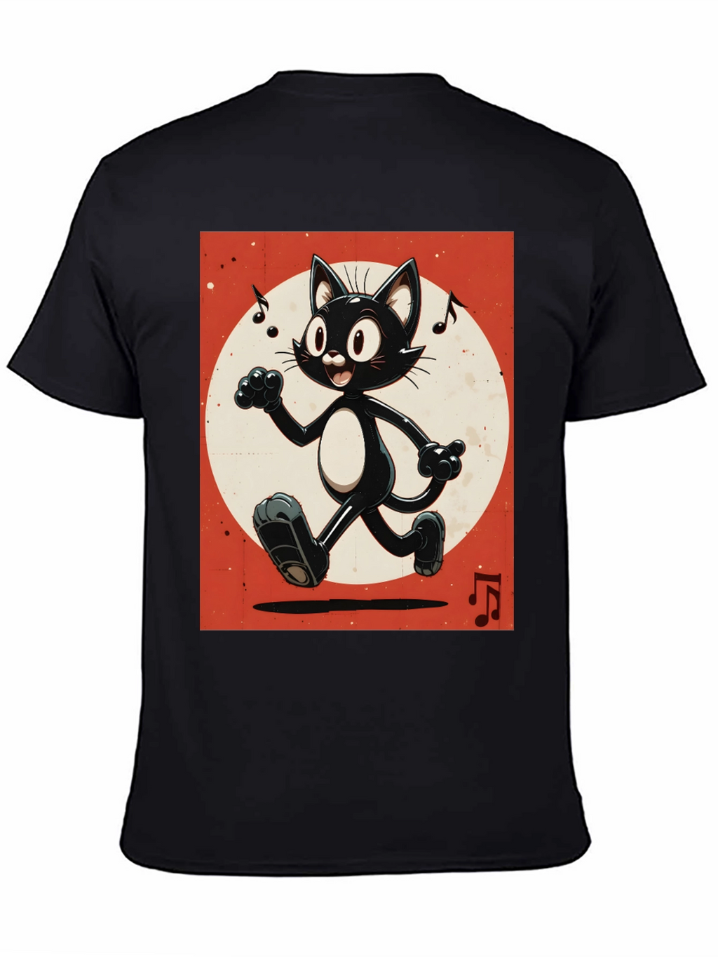 Retro Cartoon Cat T-Shirt - Black Music Notes Design
