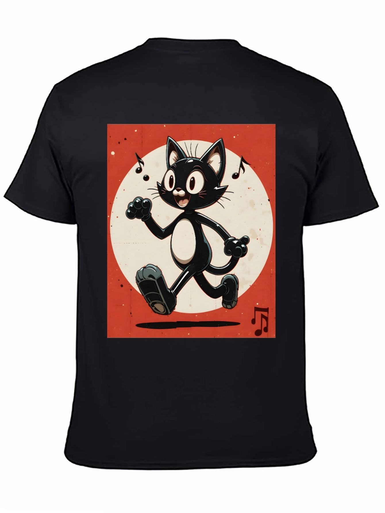 Retro Cartoon Cat T-Shirt - Black Music Notes Design