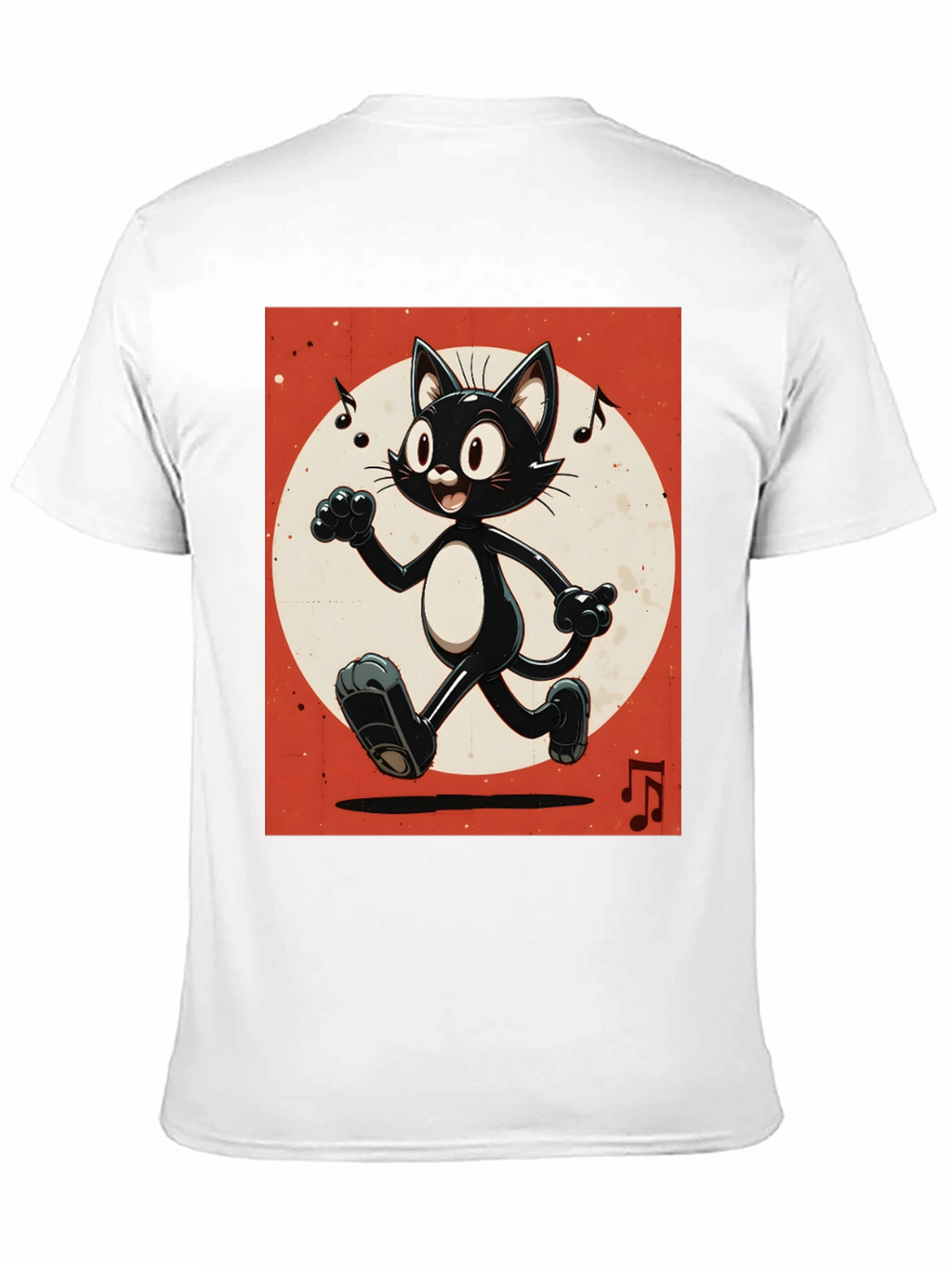 Retro Cartoon Cat T-Shirt - Black Music Notes Design