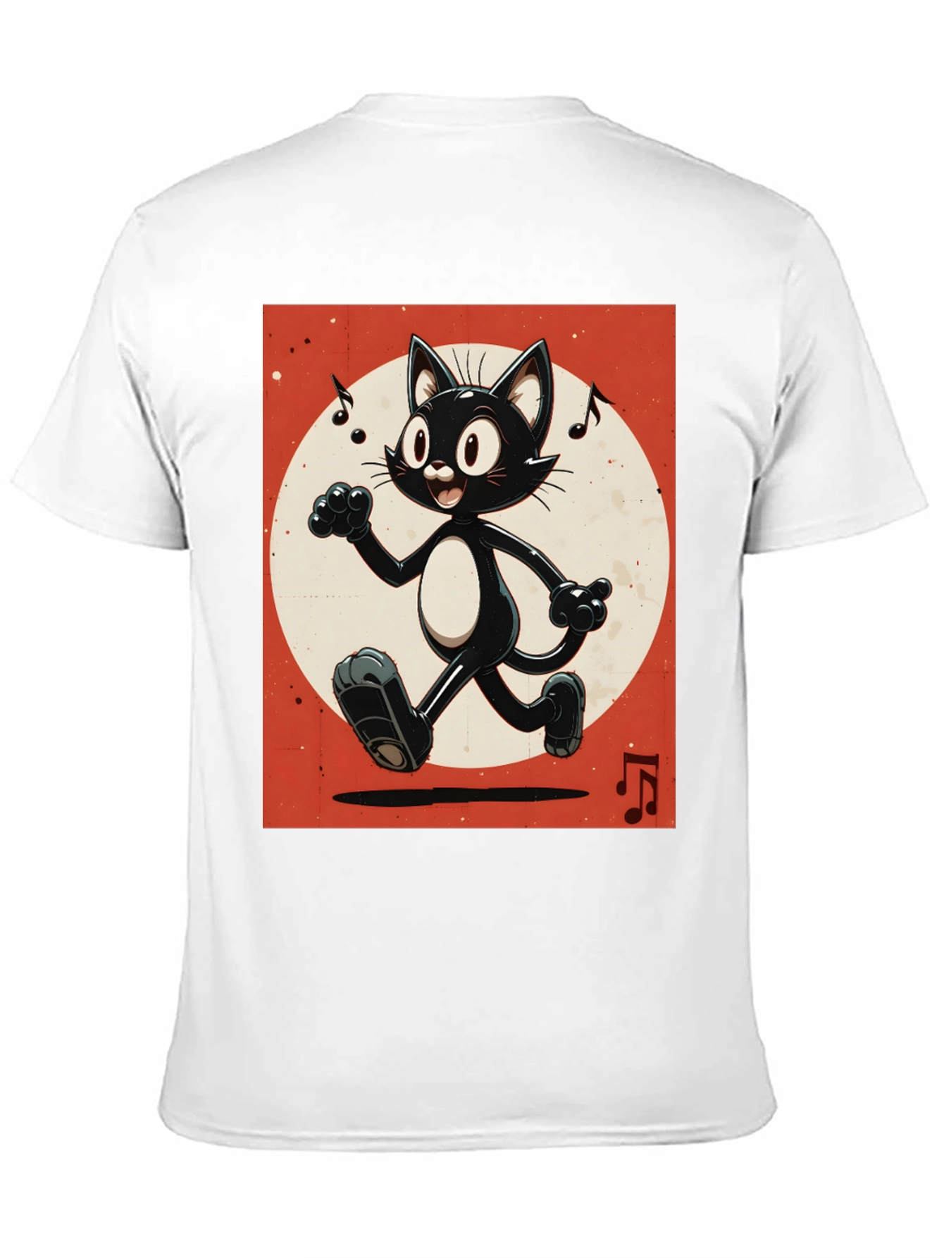 Retro Cartoon Cat T-Shirt - Black Music Notes Design
