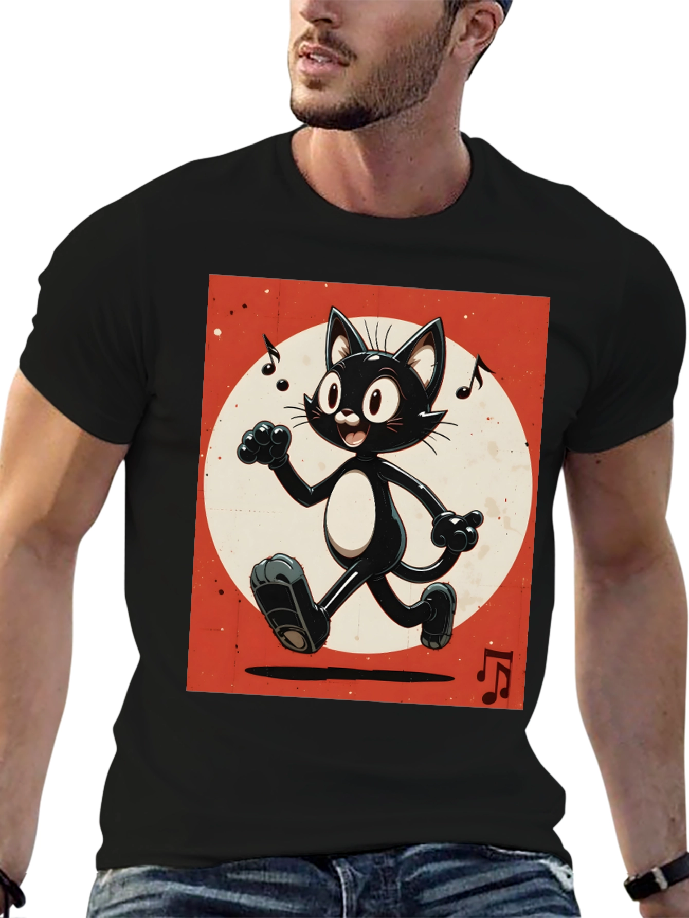 Retro Cartoon Cat T-Shirt - Black Music Notes Design