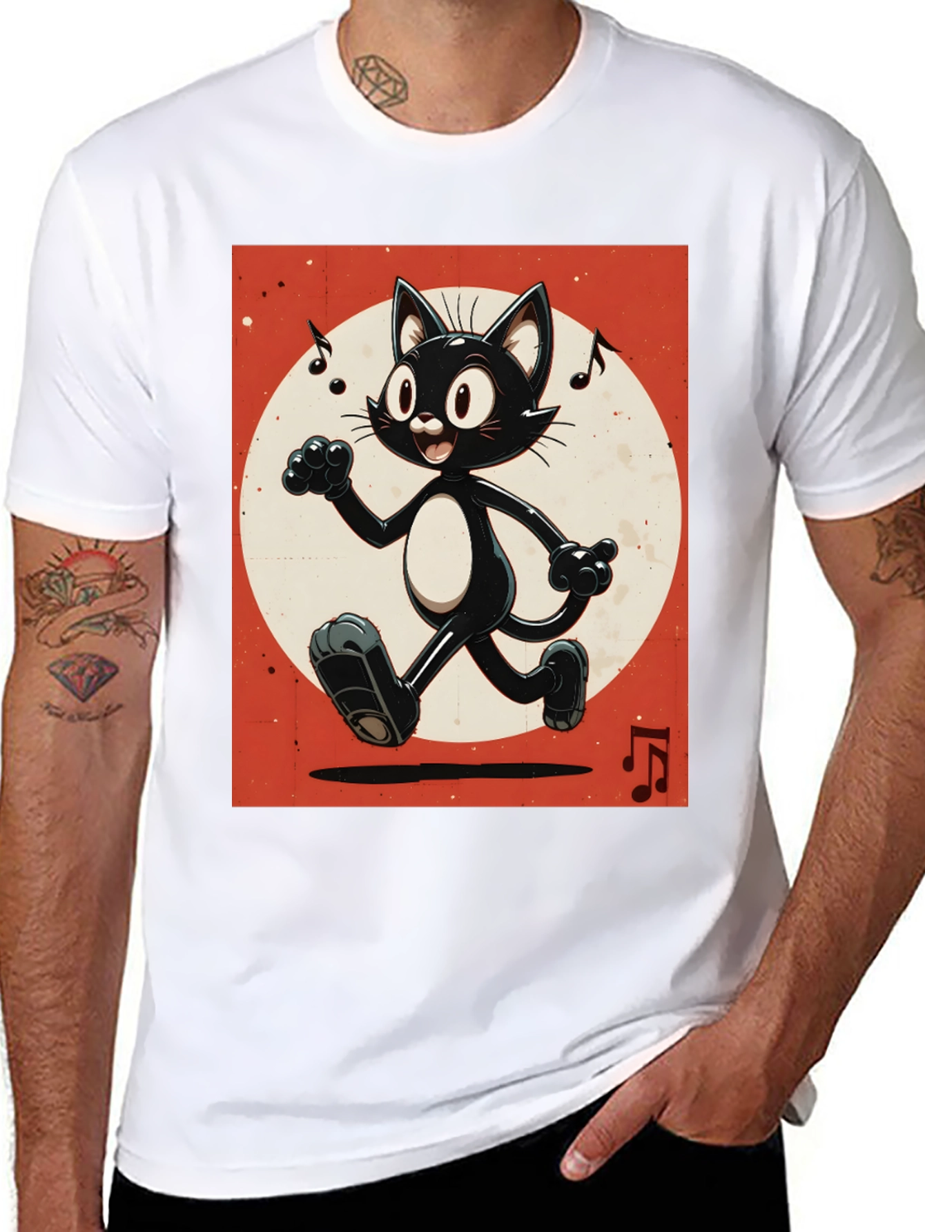 Retro Cartoon Cat T-Shirt - Black Music Notes Design