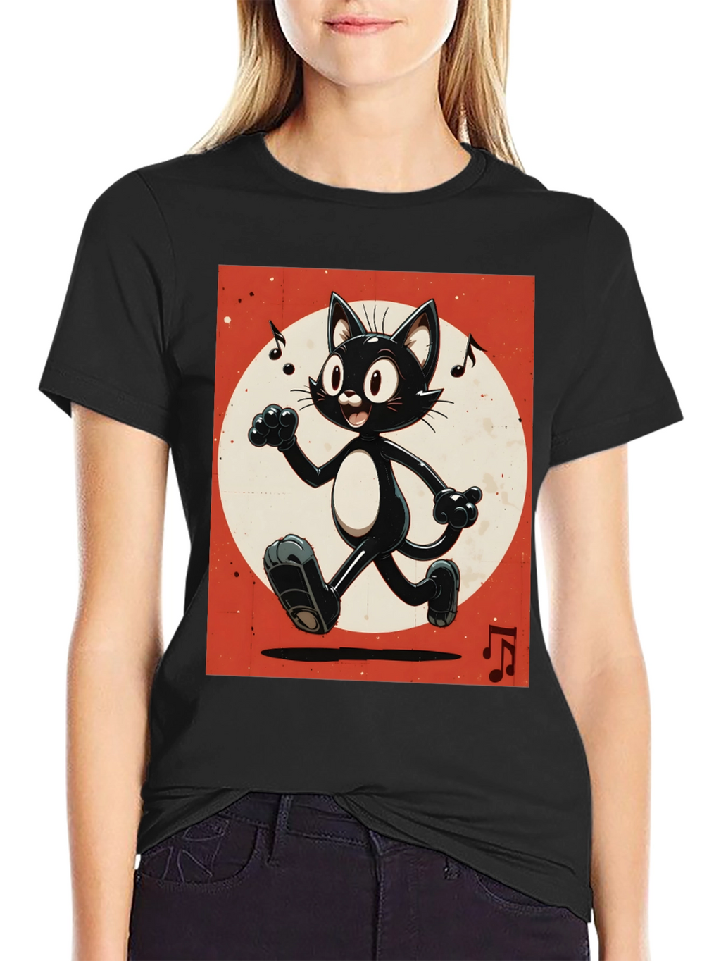 Retro Cartoon Cat T-Shirt - Black Music Notes Design
