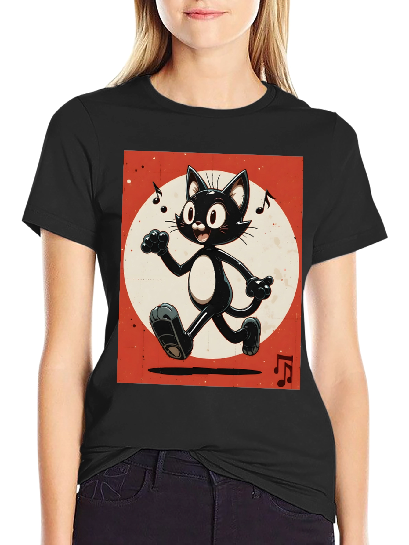 Retro Cartoon Cat T-Shirt - Black Music Notes Design