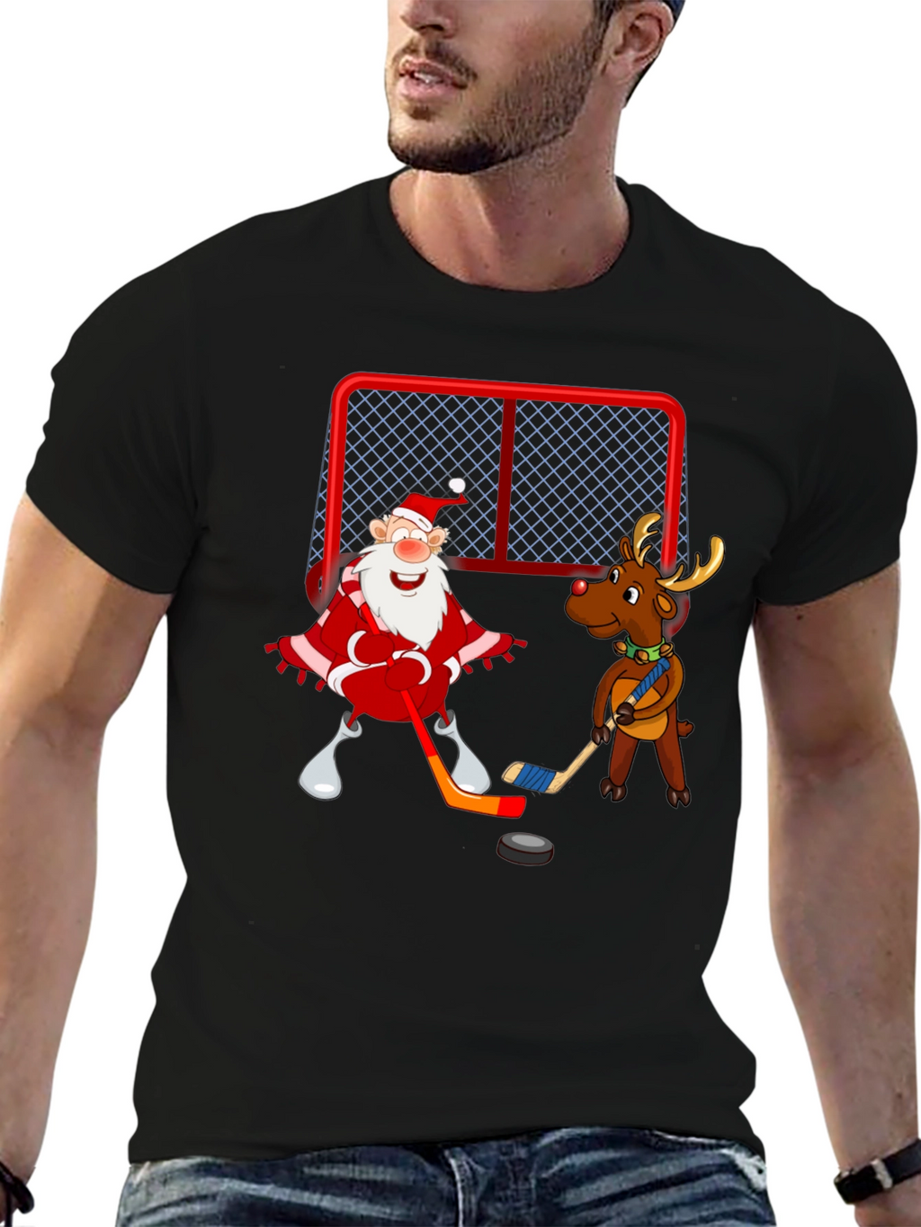Santa & Reindeer Hockey Christmas T-Shirt