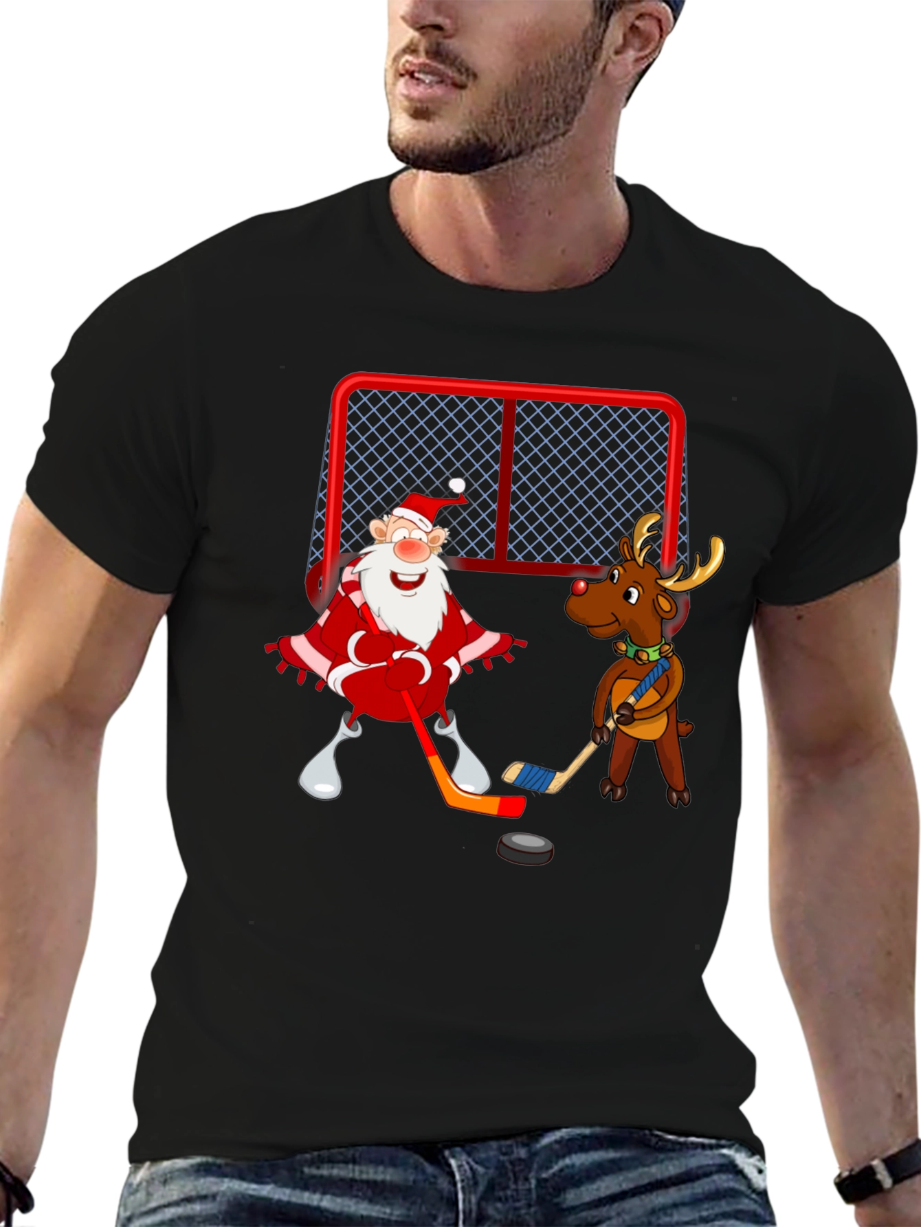 Santa & Reindeer Hockey Christmas T-Shirt