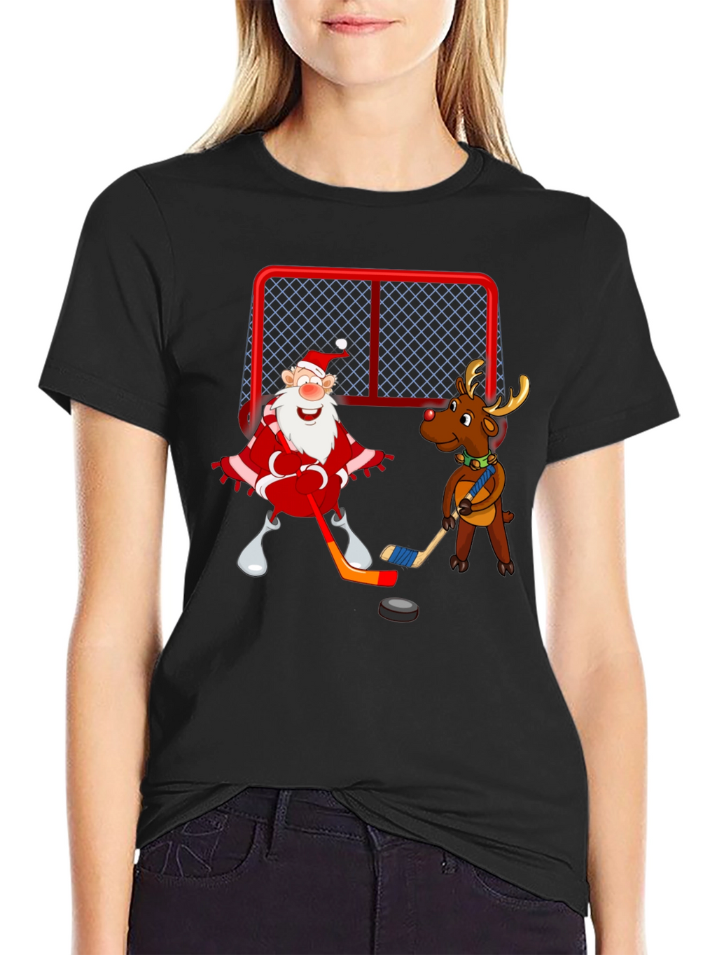 Santa & Reindeer Hockey Christmas T-Shirt
