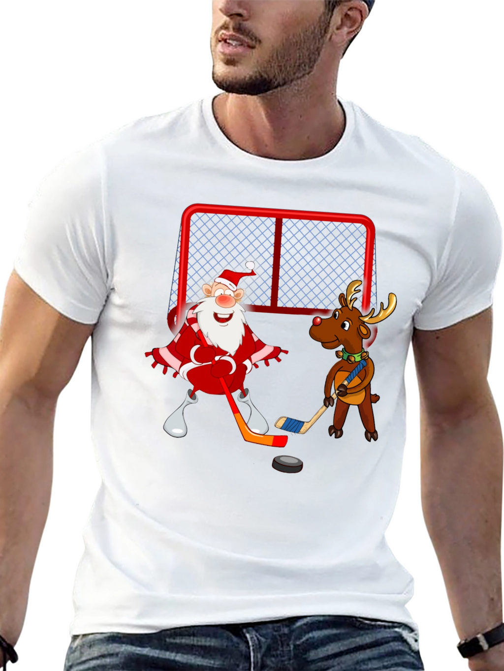 Santa & Reindeer Hockey Christmas T-Shirt