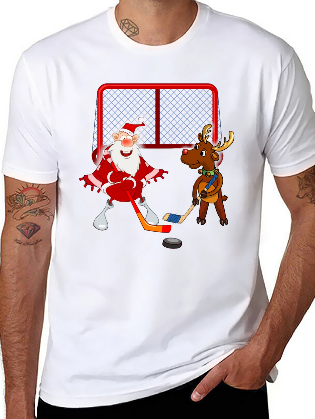 Santa & Reindeer Hockey Christmas T-Shirt