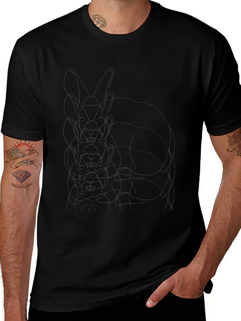 Mens Black Graphic Tee - Stacked Bunny Design