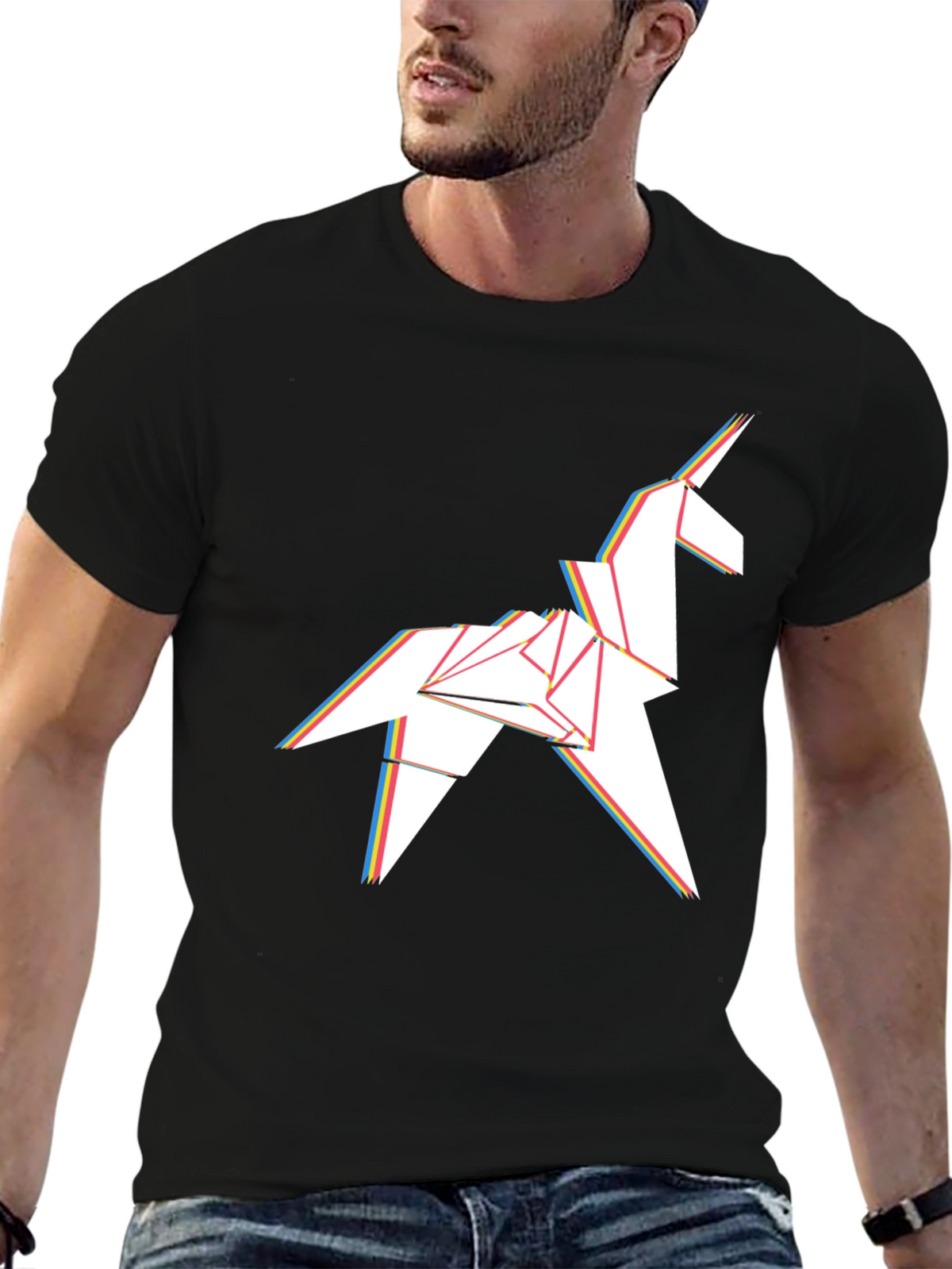 Origami Unicorn Graphic Tee - Stylish Mens Black T-Shirt