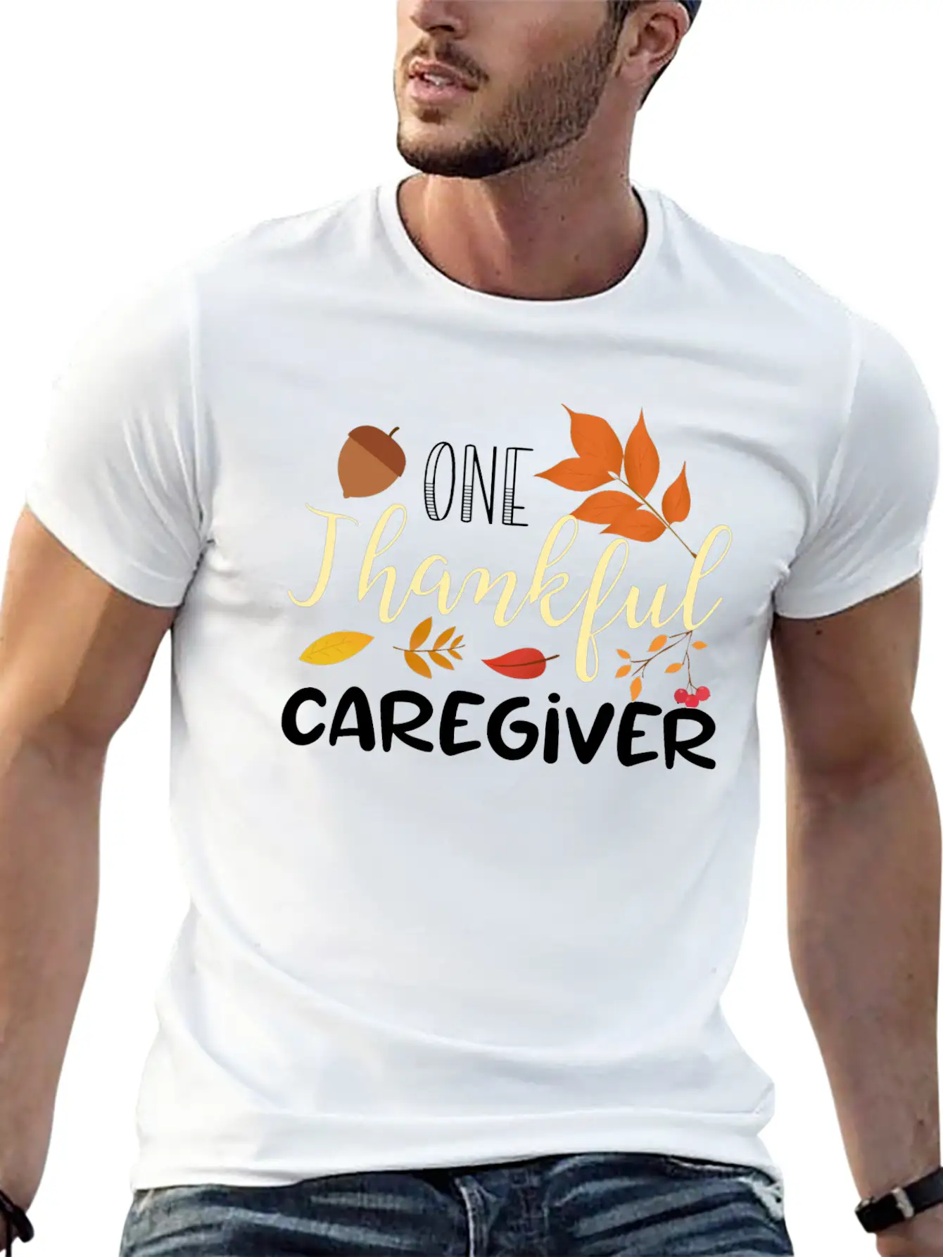 One Thankful Caregiver | Thanksgiving Day Stylish Everyday T-Shirt – Unisex Basic Cotton Tee