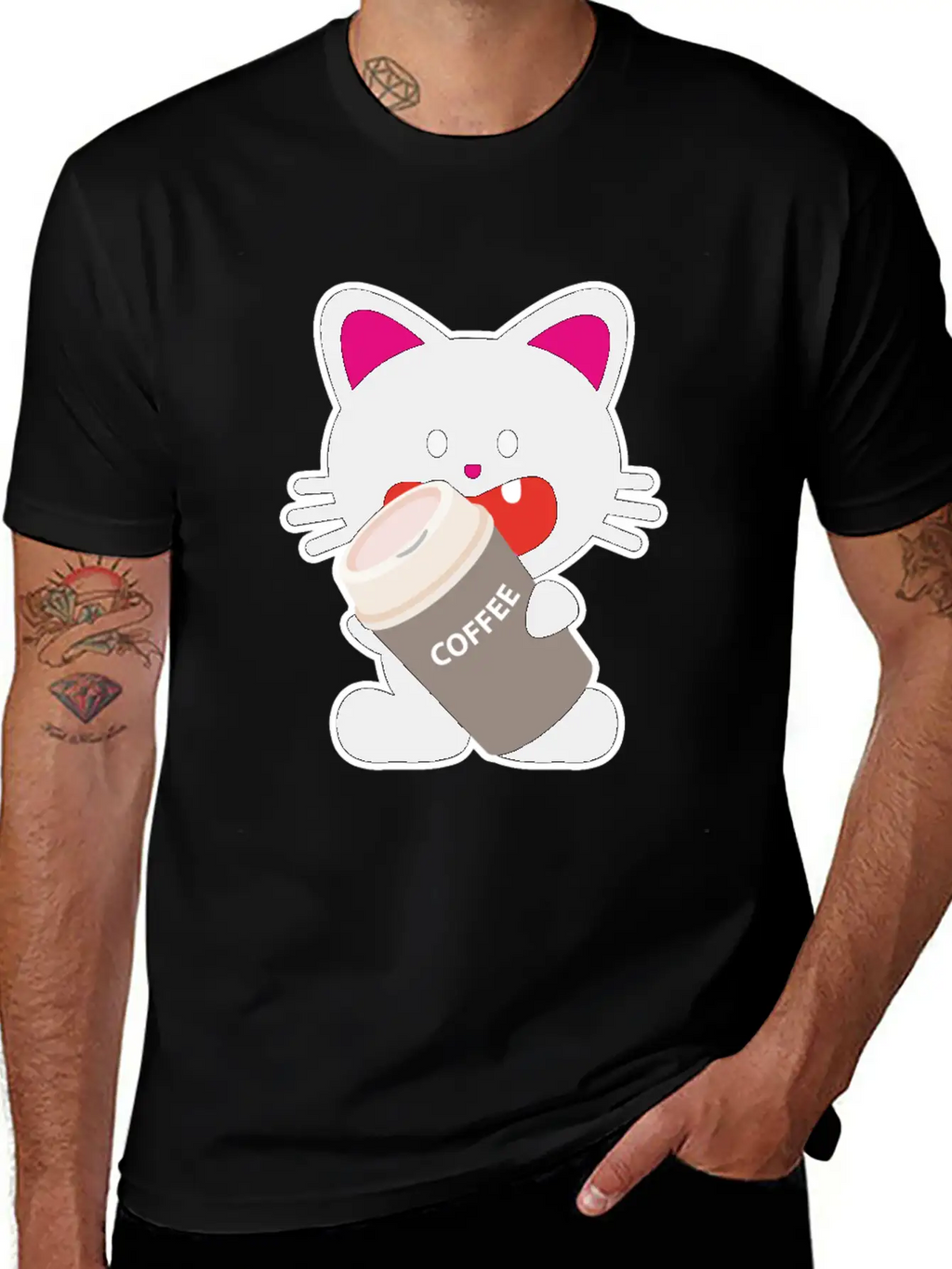 One Tooth Black Cat With Coffee To Take Out Breathable Graphic T-Shirt – Perfect For Casual Days
