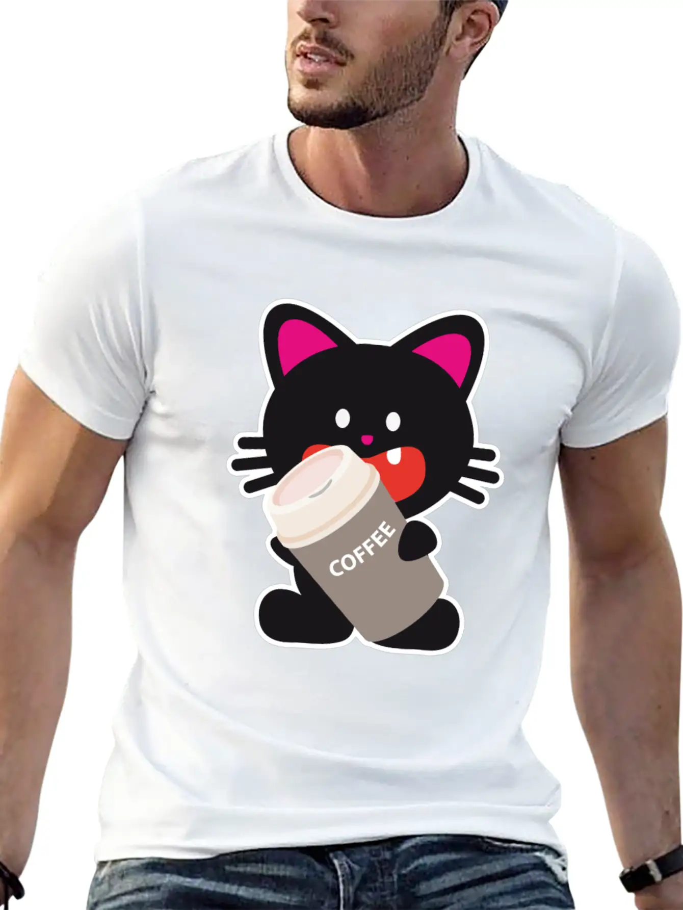One Tooth Black Cat With Coffee To Take Out Breathable Graphic T-Shirt – Perfect For Casual Days