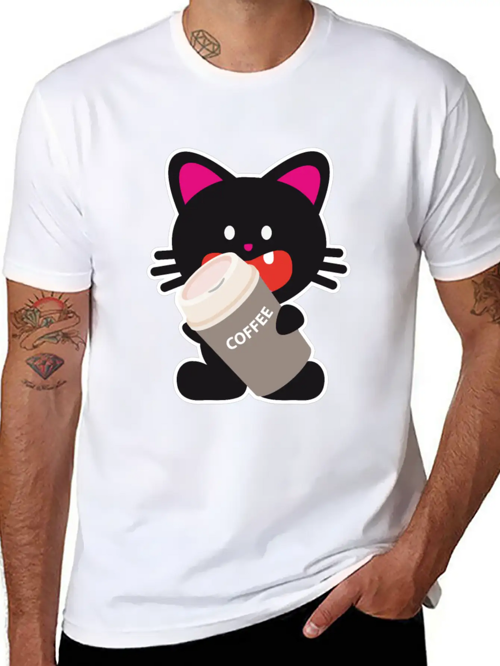One Tooth Black Cat With Coffee To Take Out Breathable Graphic T-Shirt – Perfect For Casual Days