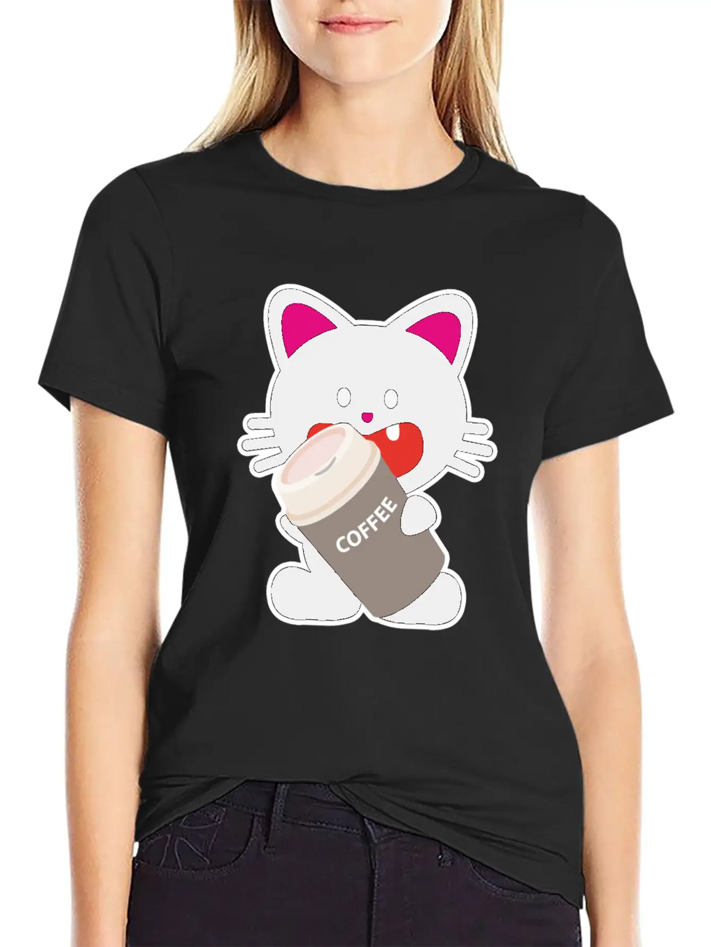One Tooth Black Cat With Coffee To Take Out Breathable Graphic T-Shirt – Perfect For Casual Days